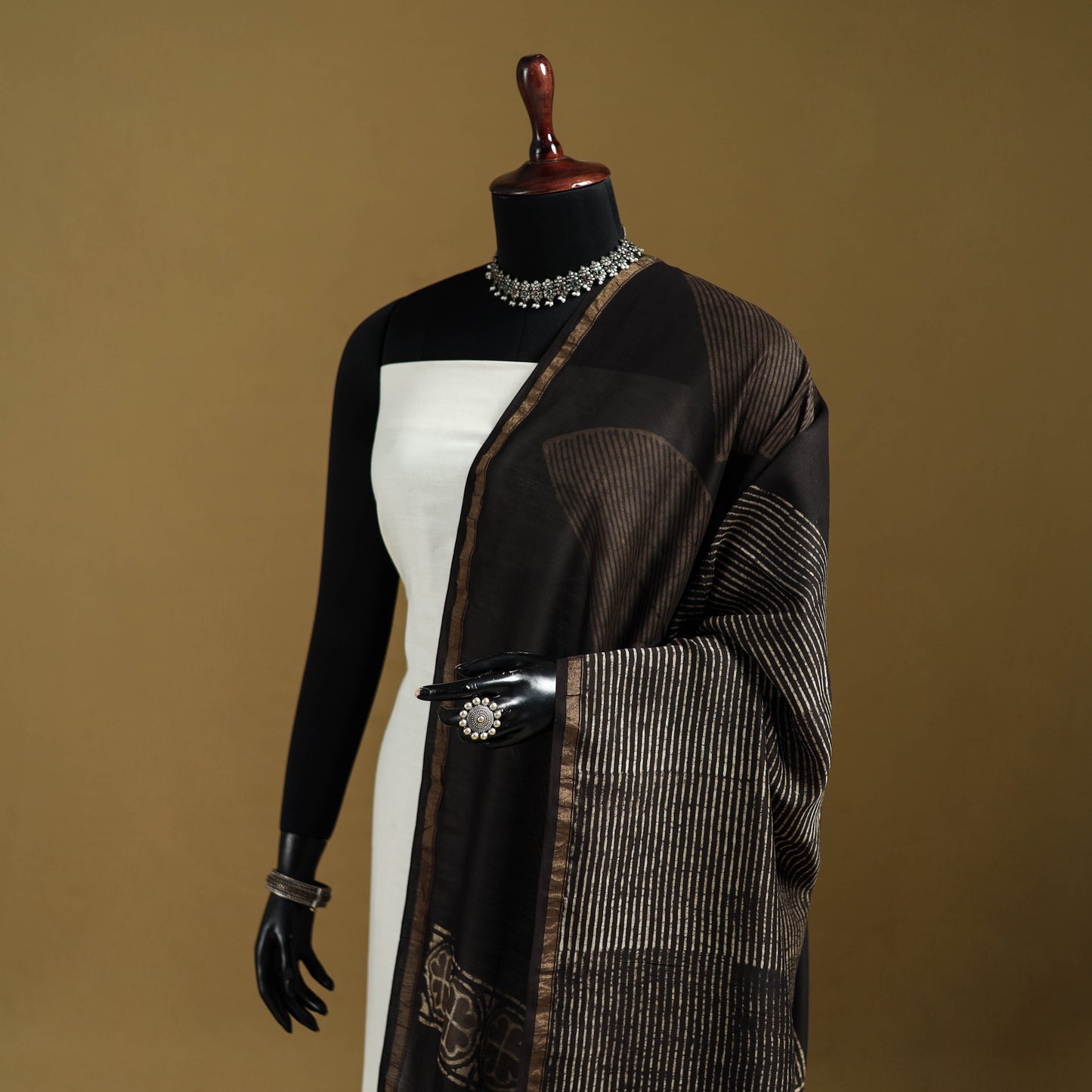 Black - Pipad Hand Block Print Natural Dyed Chanderi Silk Handloom Dupatta 03