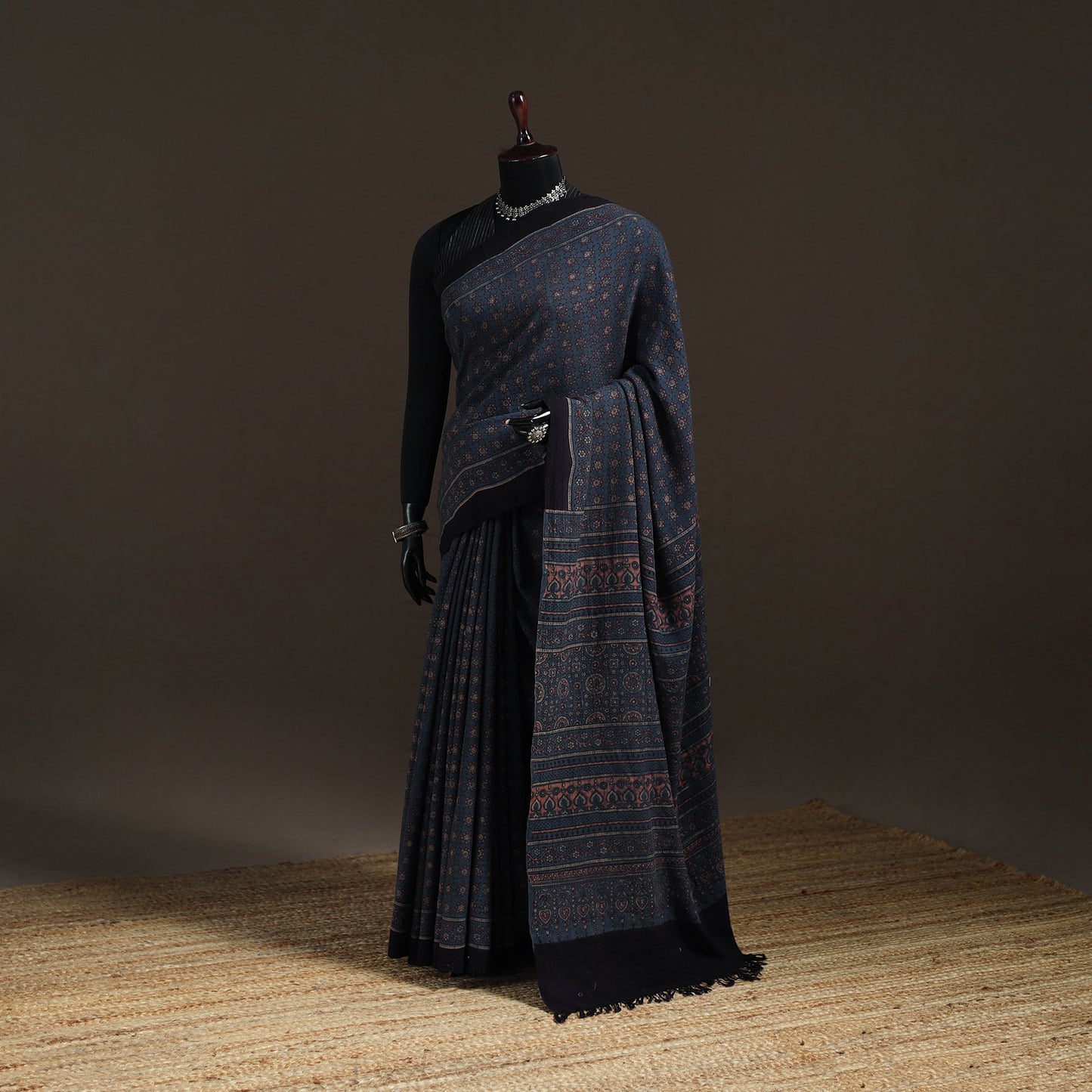 Handwoven Merino Wool Natural Dyed Hand Block Print Ajrakh Saree 07