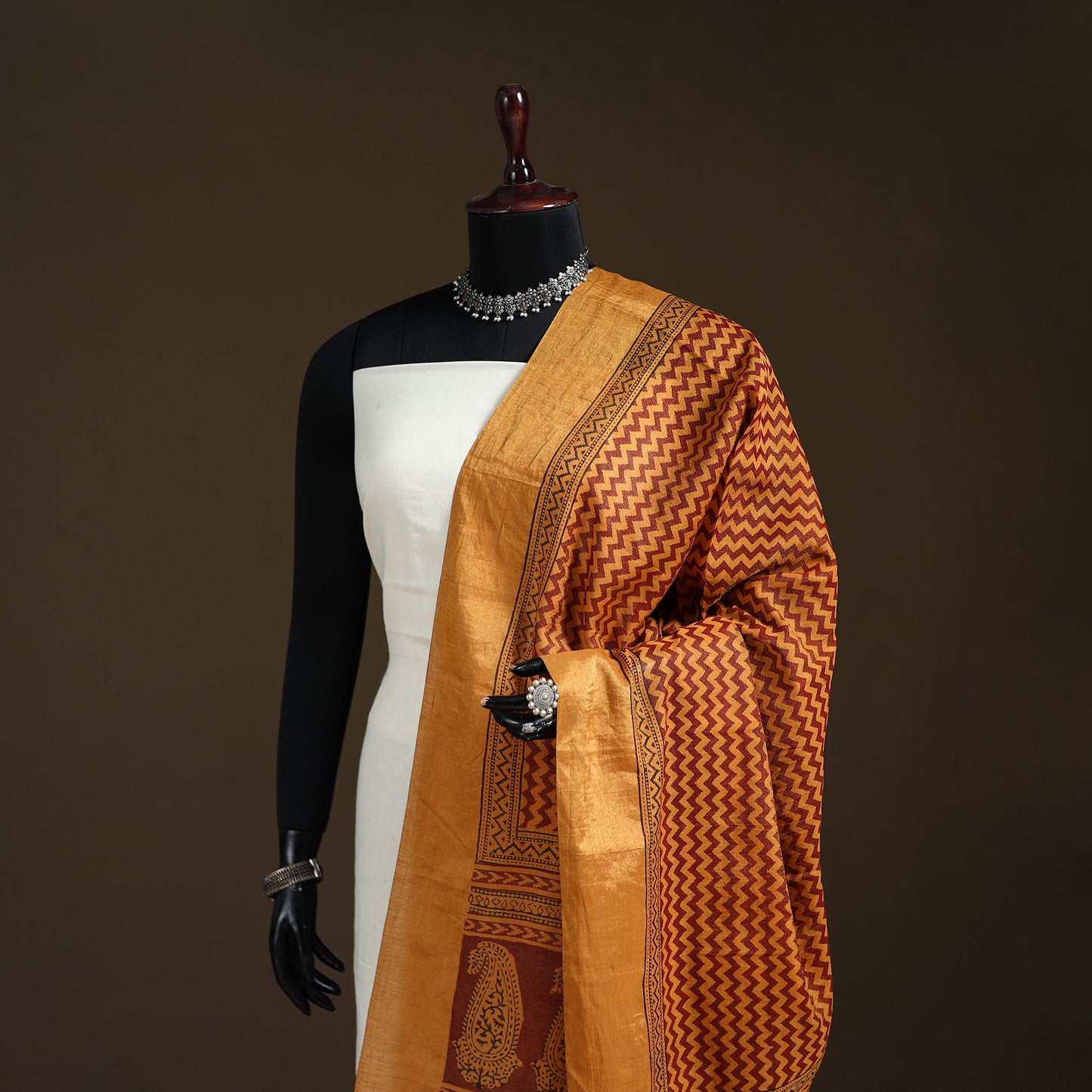Bagh Hand Block Print Natural Dyed Tissue Zari Chanderi Silk Dupatta 10