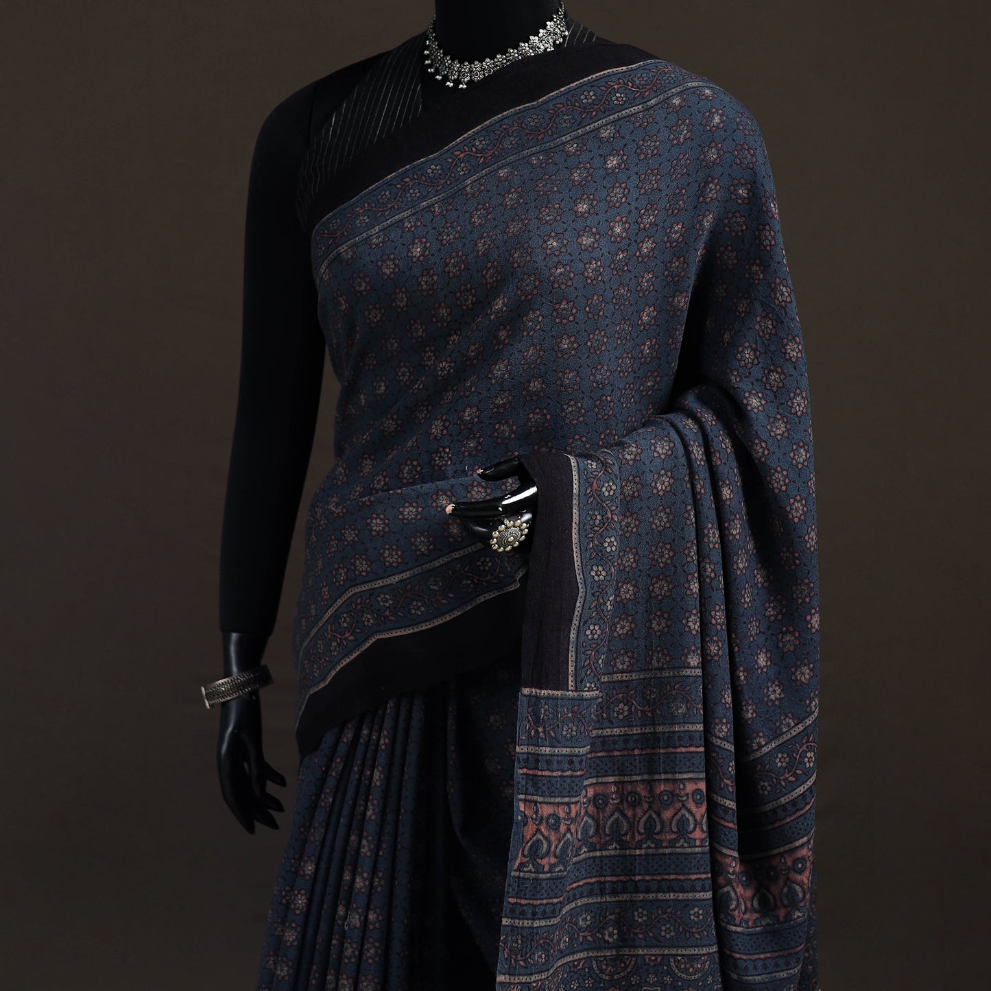 Handwoven Merino Wool Natural Dyed Hand Block Print Ajrakh Saree 07