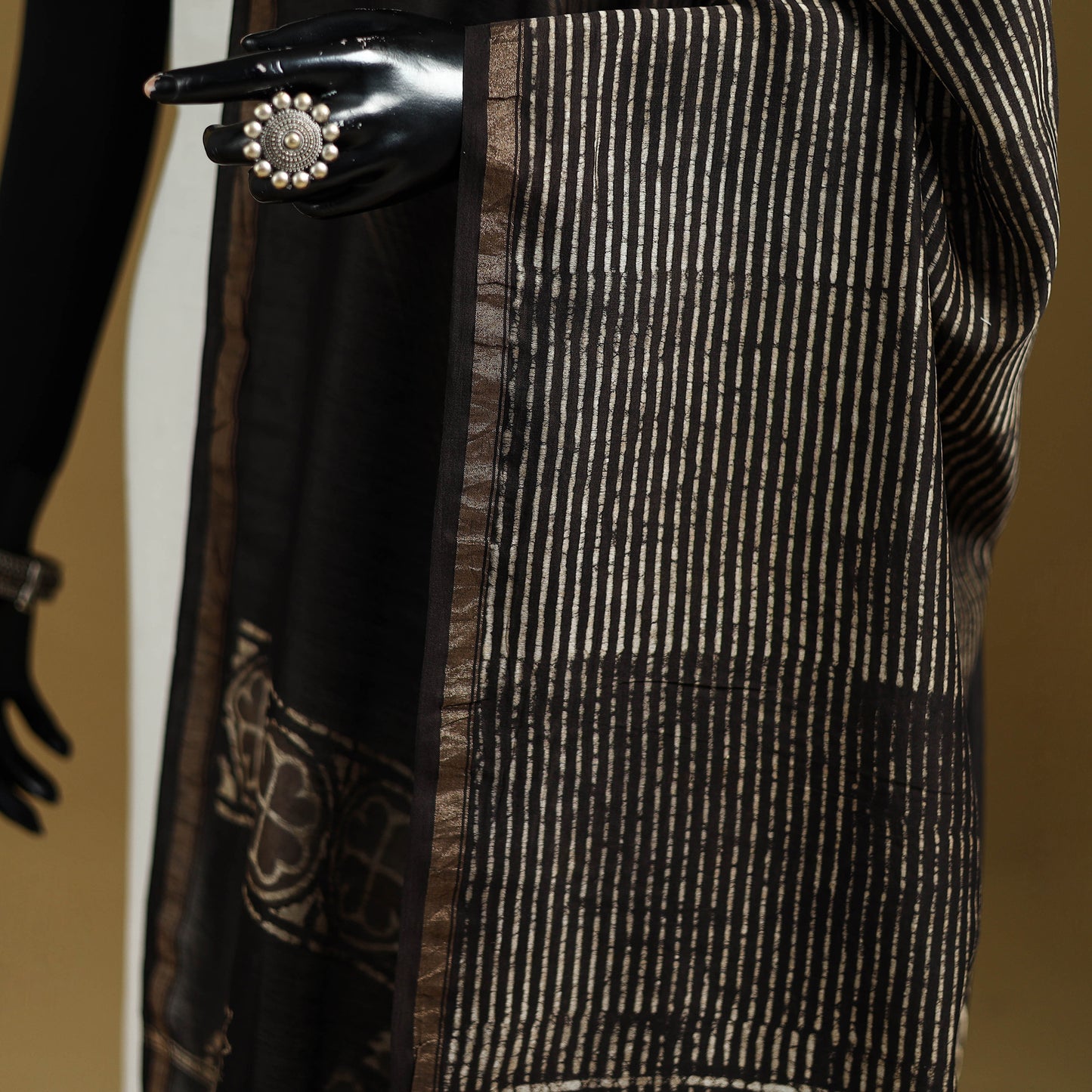 Black - Pipad Hand Block Print Natural Dyed Chanderi Silk Handloom Dupatta 03