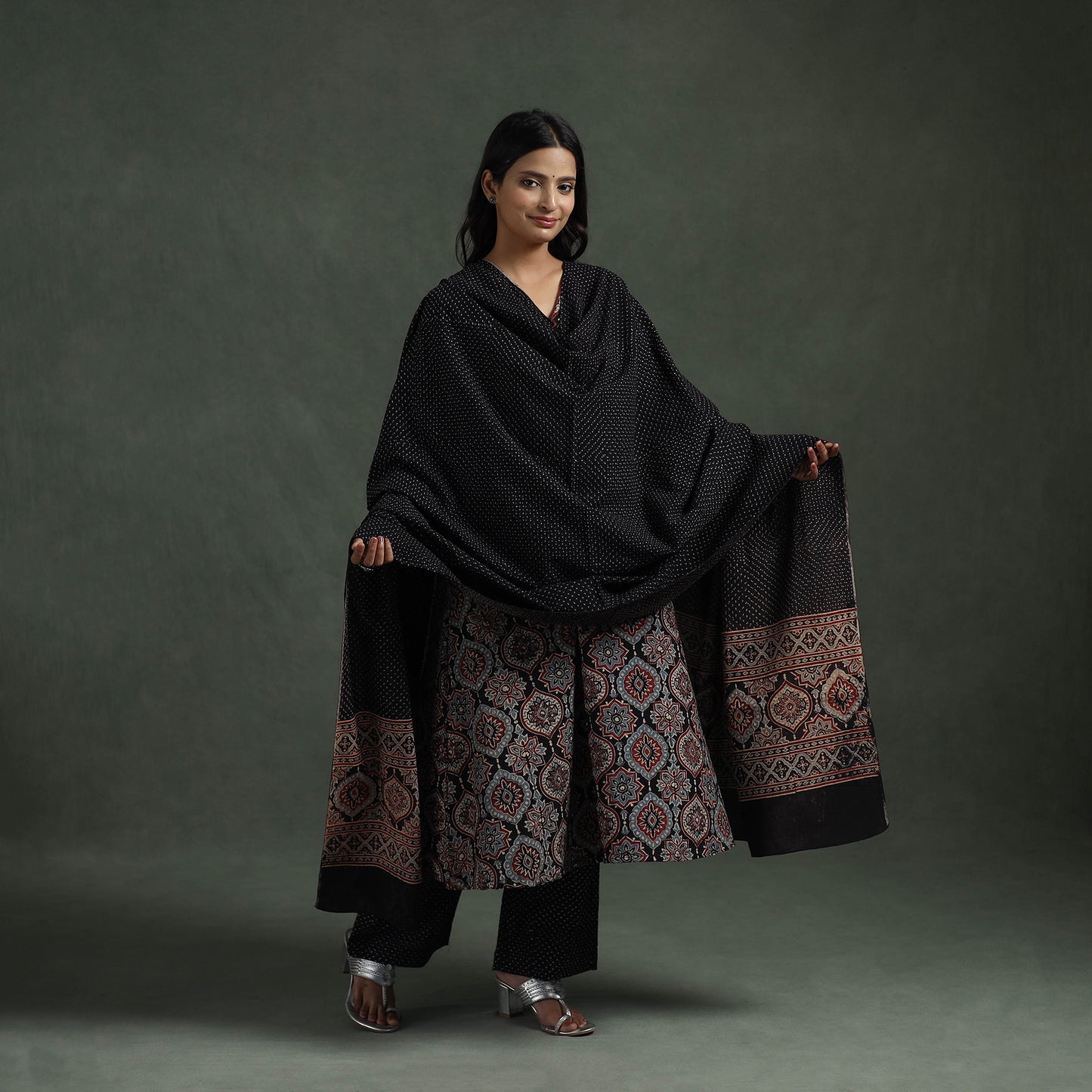 Ajrakh Hand Block Print Natural Dyed Cotton Suit Set with Dupatta for women 07