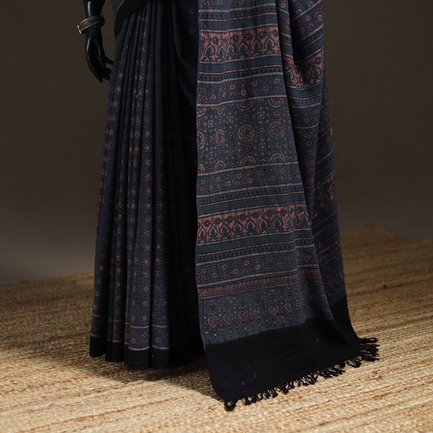 Handwoven Merino Wool Natural Dyed Hand Block Print Ajrakh Saree 07