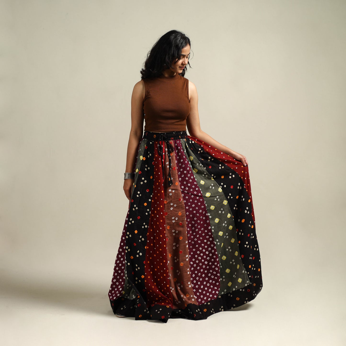 Multicolor - Bandhani Tie-Dye 24 Kali Patchwork Cotton Long Skirt 09