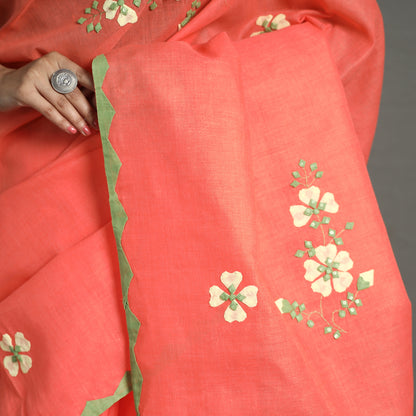 Orange - Applique Patti Kaam Pure Cotton Saree from Rampur 31