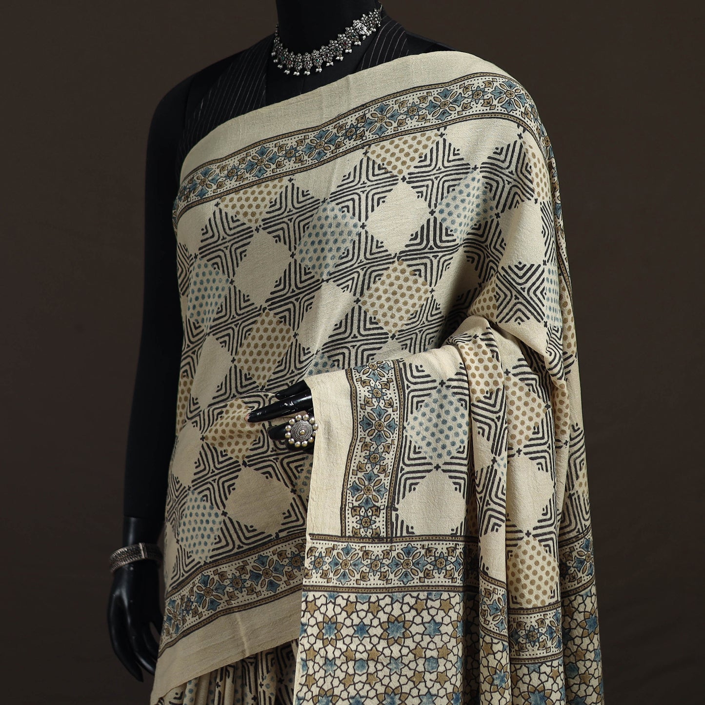 Handwoven Merino Wool Natural Dyed Hand Block Print Ajrakh Saree 01