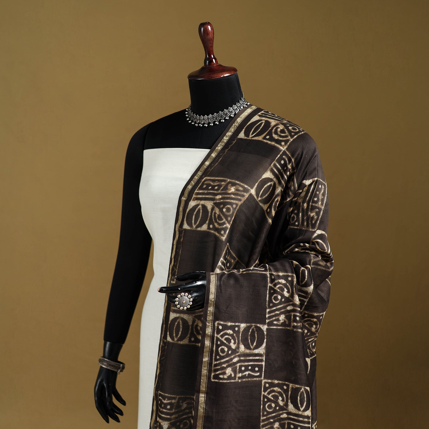 Brown - Pipad Hand Block Print Natural Dyed Chanderi Silk Handloom Dupatta 05