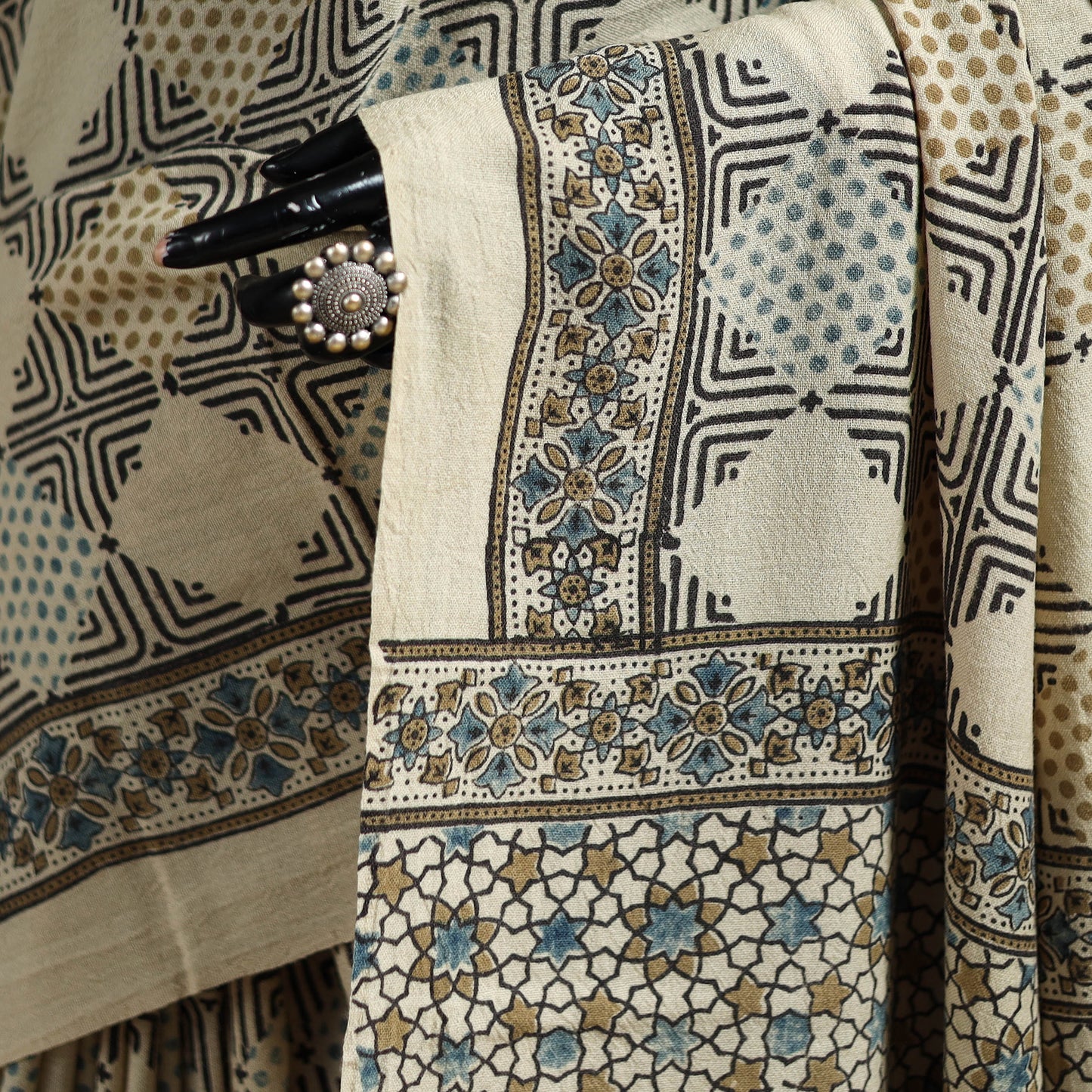 Handwoven Merino Wool Natural Dyed Hand Block Print Ajrakh Saree 01
