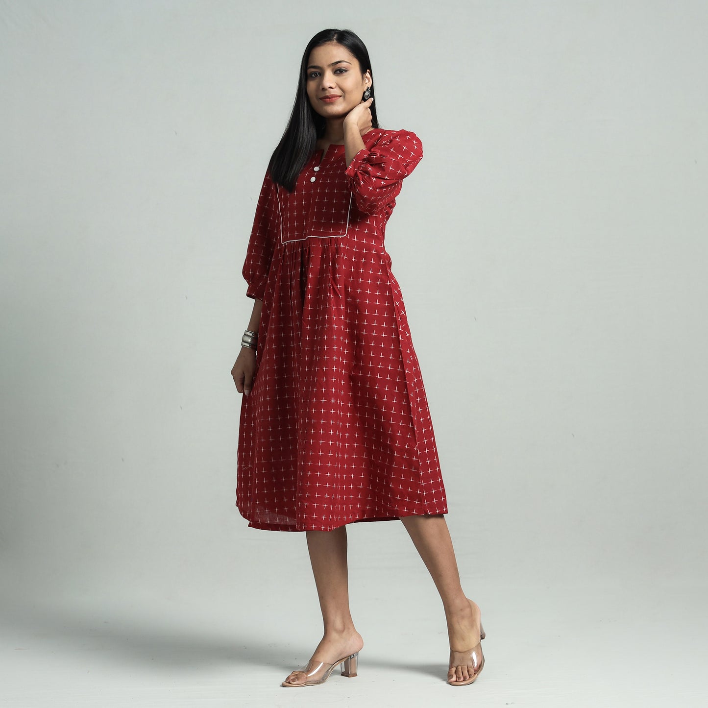 Red - Maroon - Pochampally Double Ikat Cotton Flared Dress