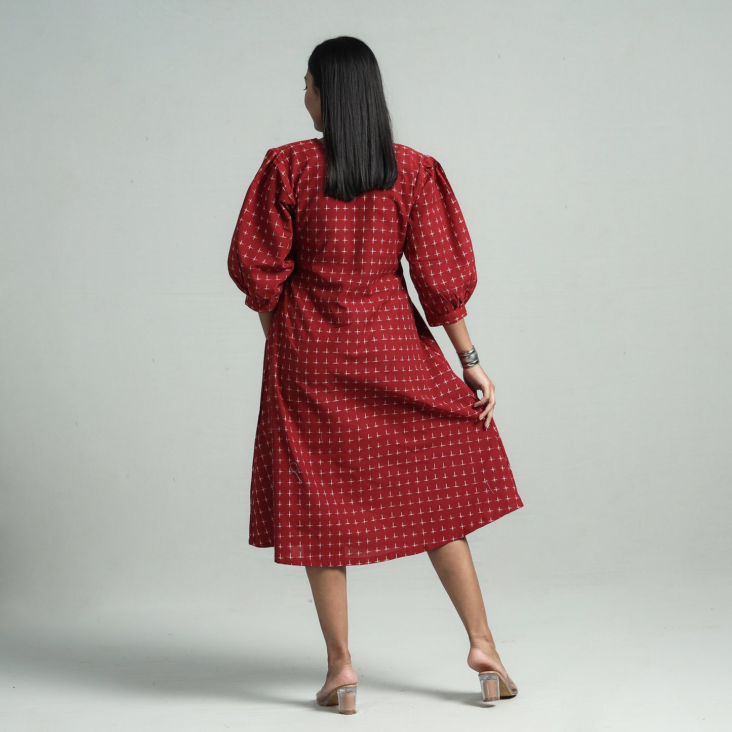 Red - Maroon - Pochampally Double Ikat Cotton Flared Dress