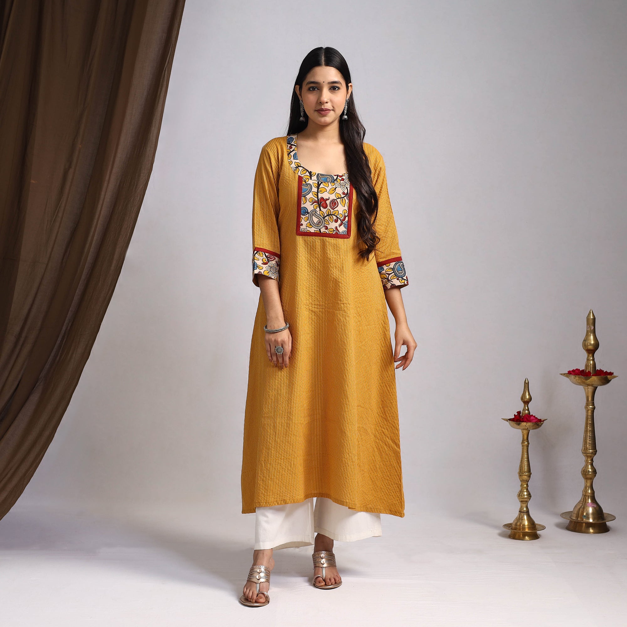 Yellow - Nazakat Heritage Patchwork Cotton A-Line Plain Long Kurta 01