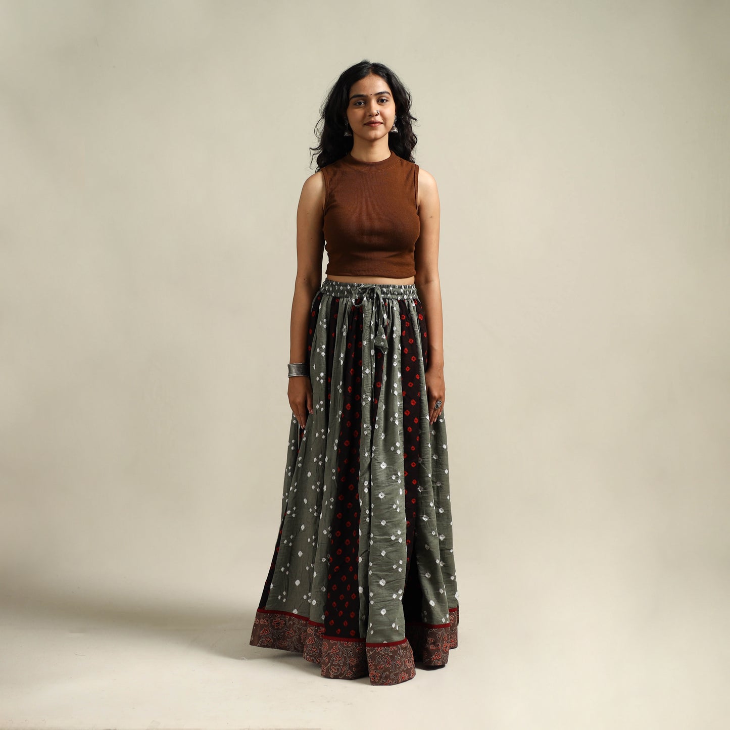 Multicolor - Bandhani Tie-Dye 24 Kali Patchwork Cotton Long Skirt 12