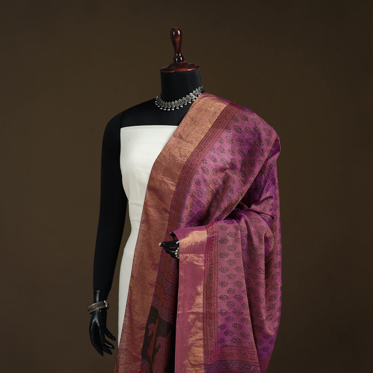 Bagh Hand Block Print Natural Dyed Tissue Zari Chanderi Silk Dupatta 16