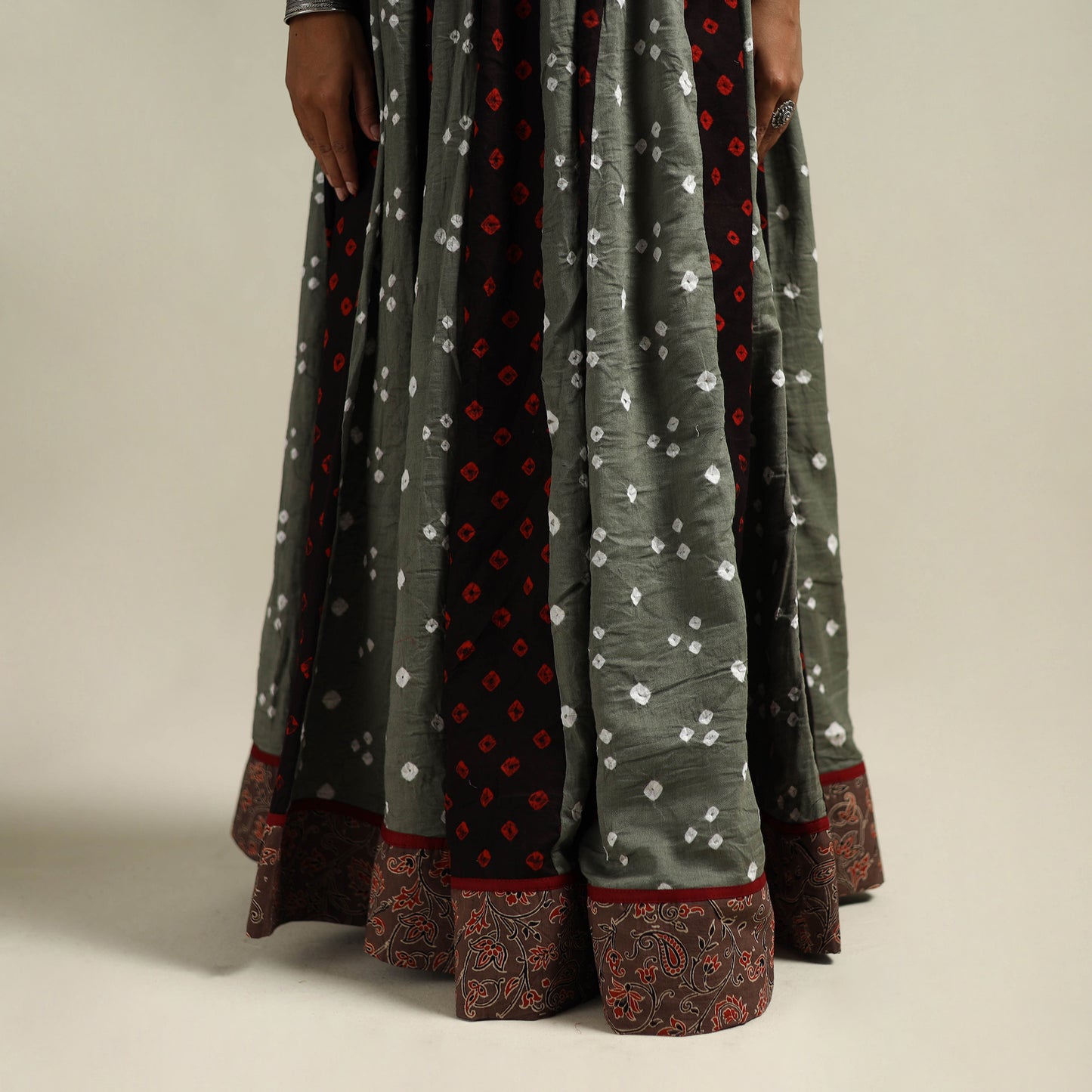 Multicolor - Bandhani Tie-Dye 24 Kali Patchwork Cotton Long Skirt 12