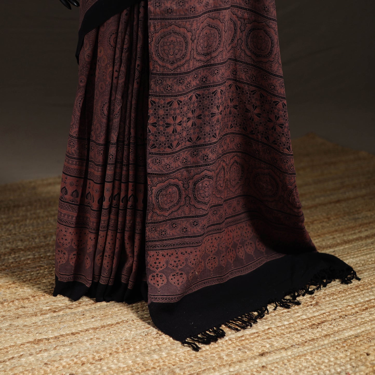 Handwoven Merino Wool Natural Dyed Hand Block Print Ajrakh Saree 03