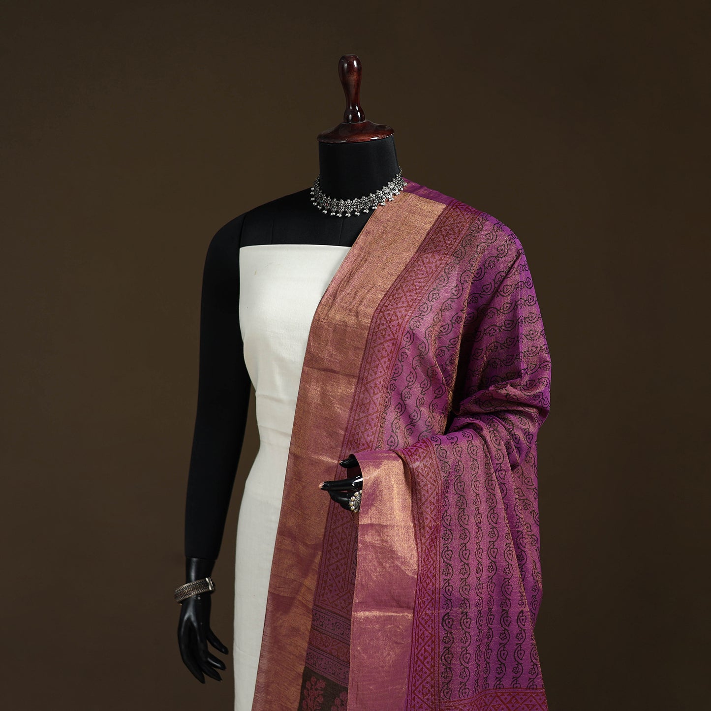 Bagh Hand Block Print Natural Dyed Tissue Zari Chanderi Silk Dupatta 17