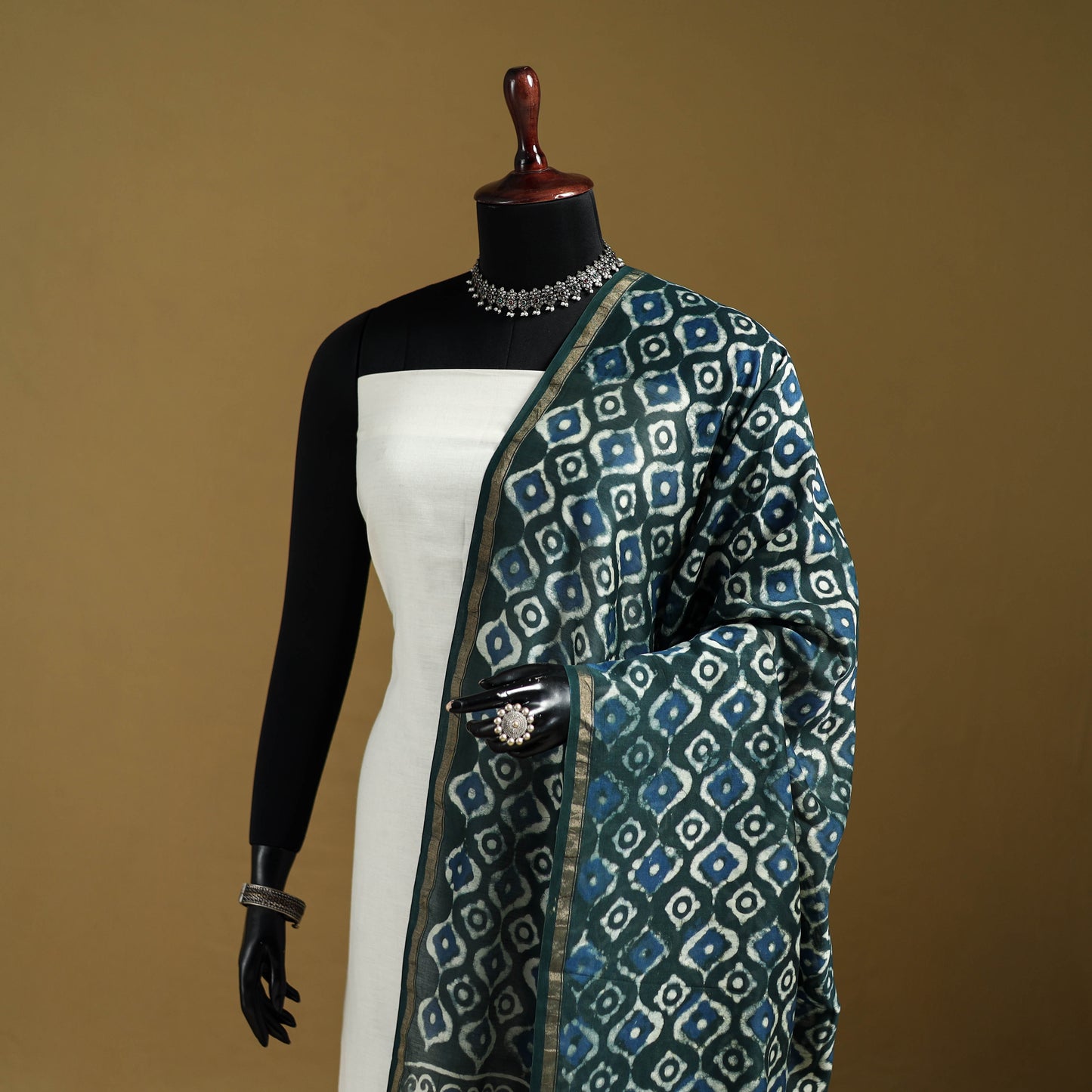 Blue - Pipad Hand Block Print Natural Dyed Chanderi Silk Handloom Dupatta 10