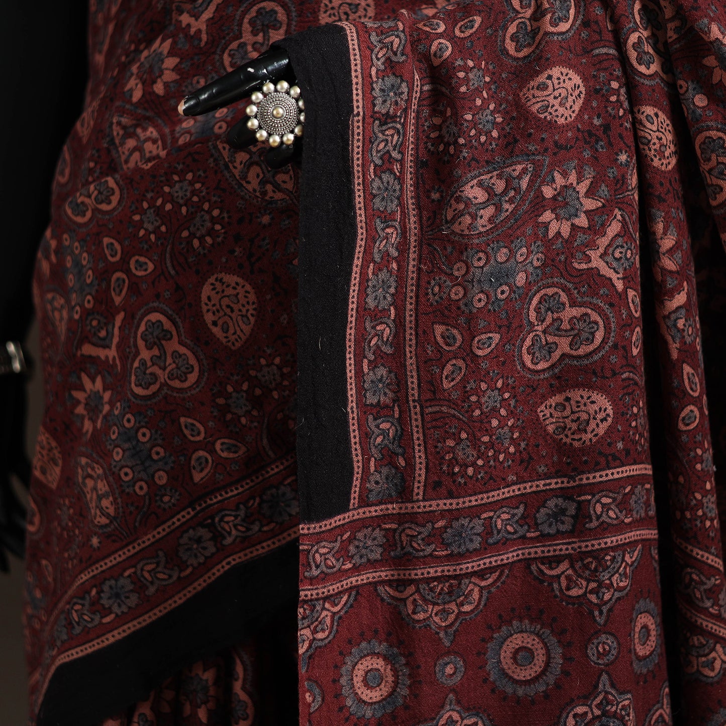 Handwoven Merino Wool Natural Dyed Hand Block Print Ajrakh Saree 04