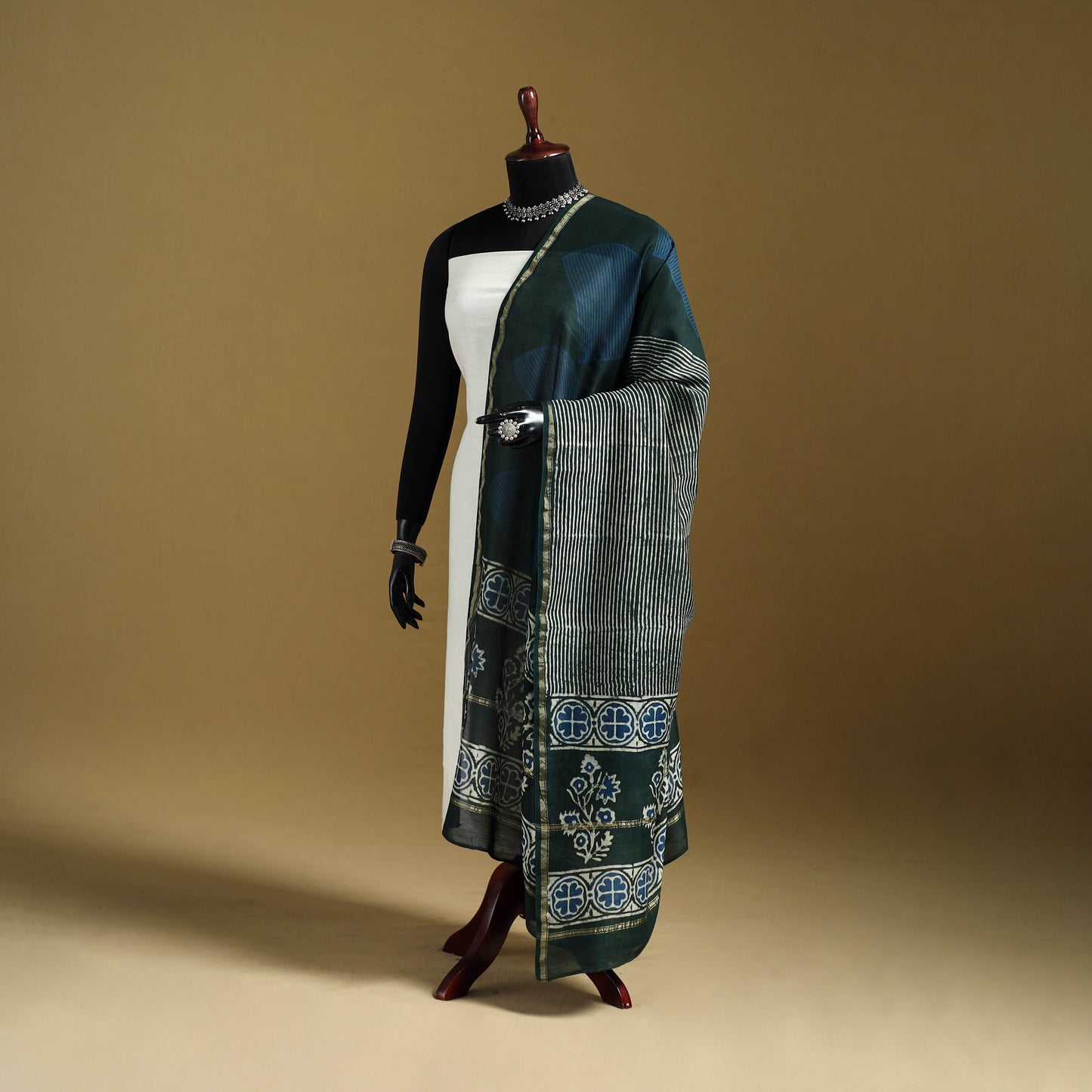Blue - Pipad Hand Block Print Natural Dyed Chanderi Silk Handloom Dupatta 11