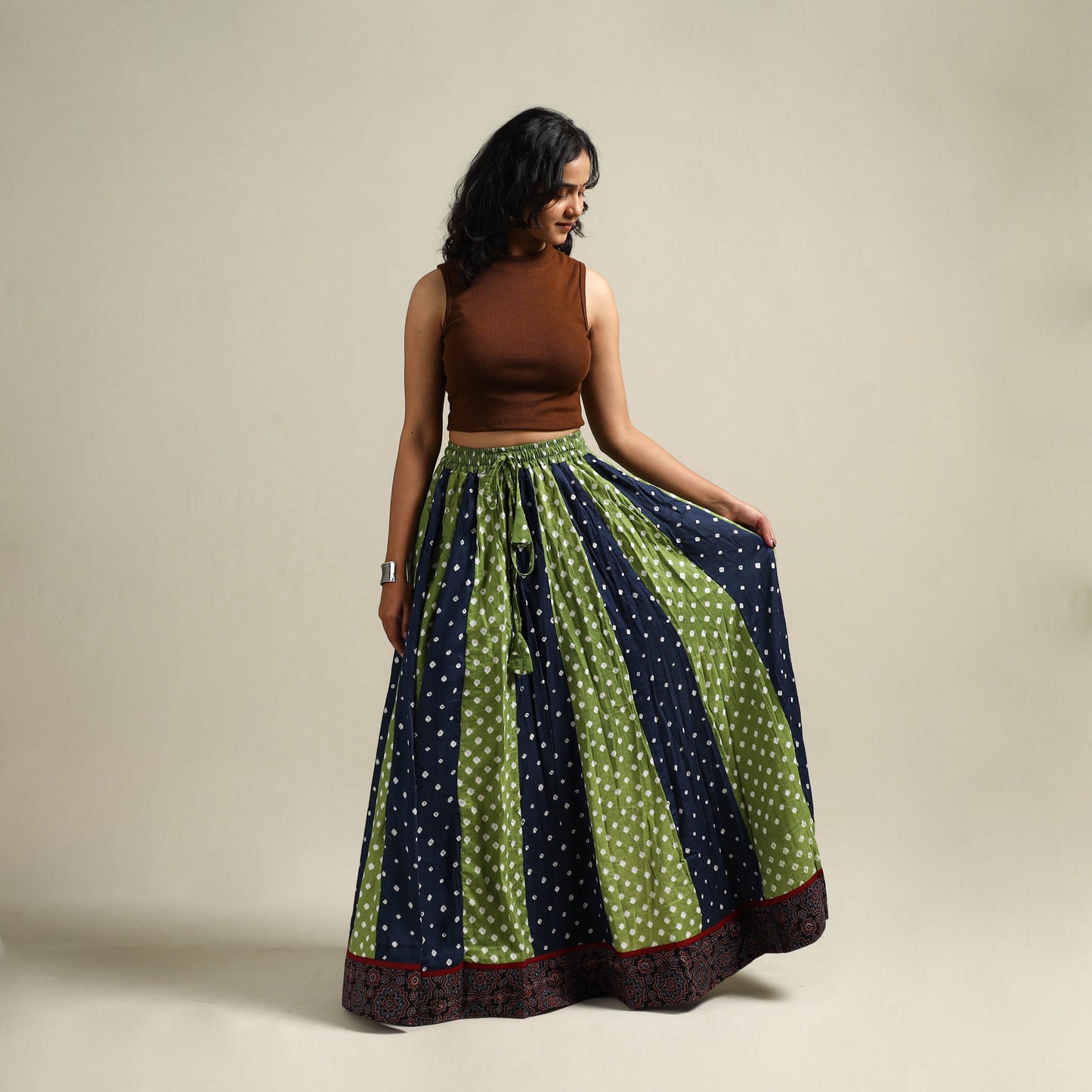 Multicolor - Bandhani Tie-Dye 24 Kali Patchwork Cotton Long Skirt 14