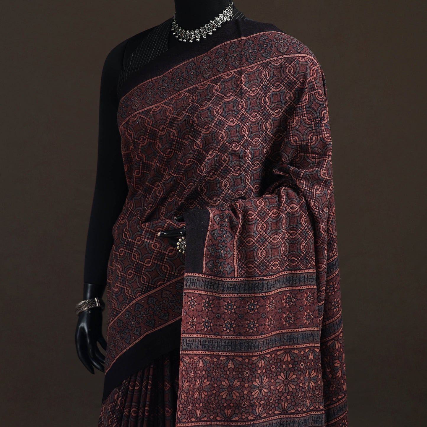 Handwoven Merino Wool Natural Dyed Hand Block Print Ajrakh Saree 05