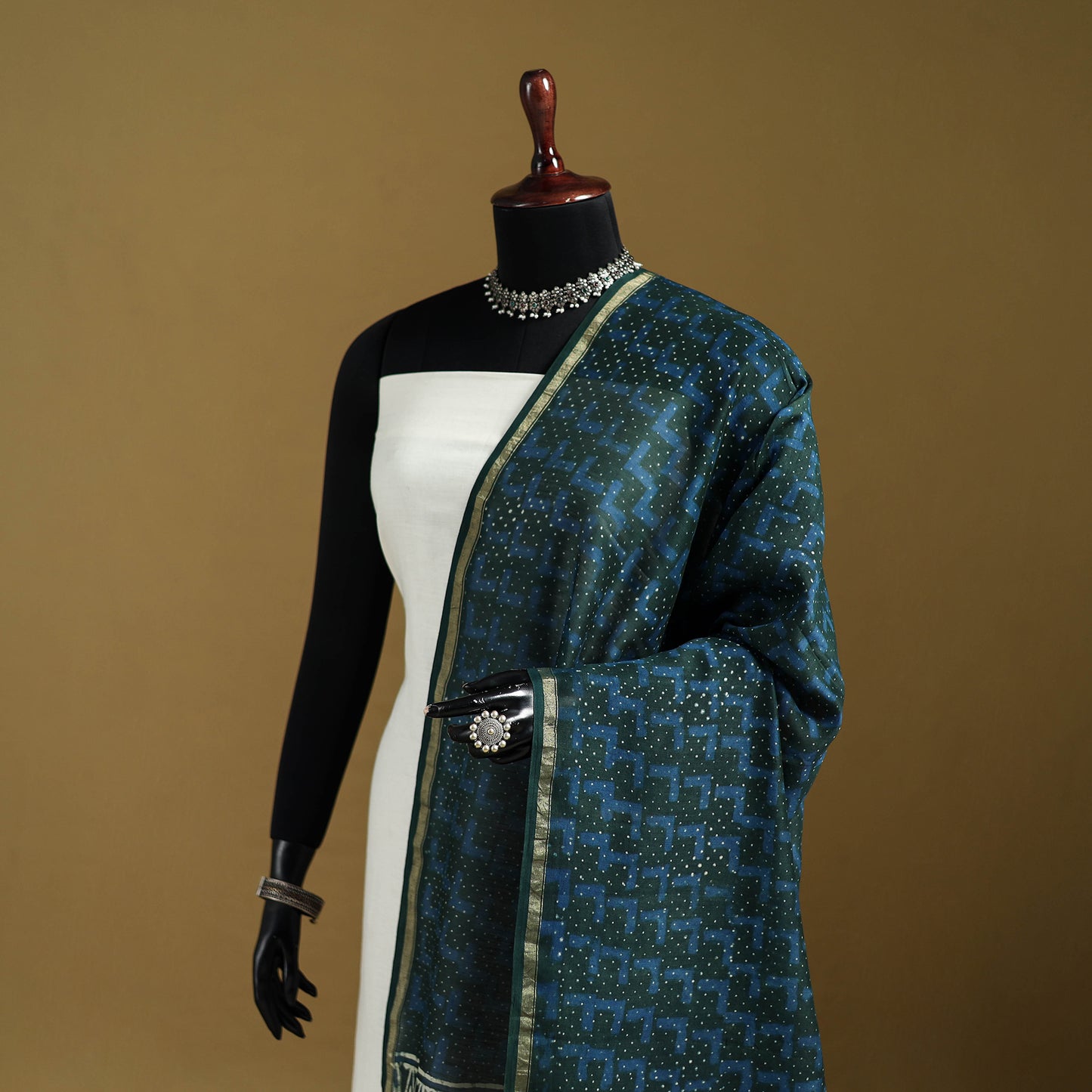 Blue - Pipad Hand Block Print Natural Dyed Chanderi Silk Handloom Dupatta 12