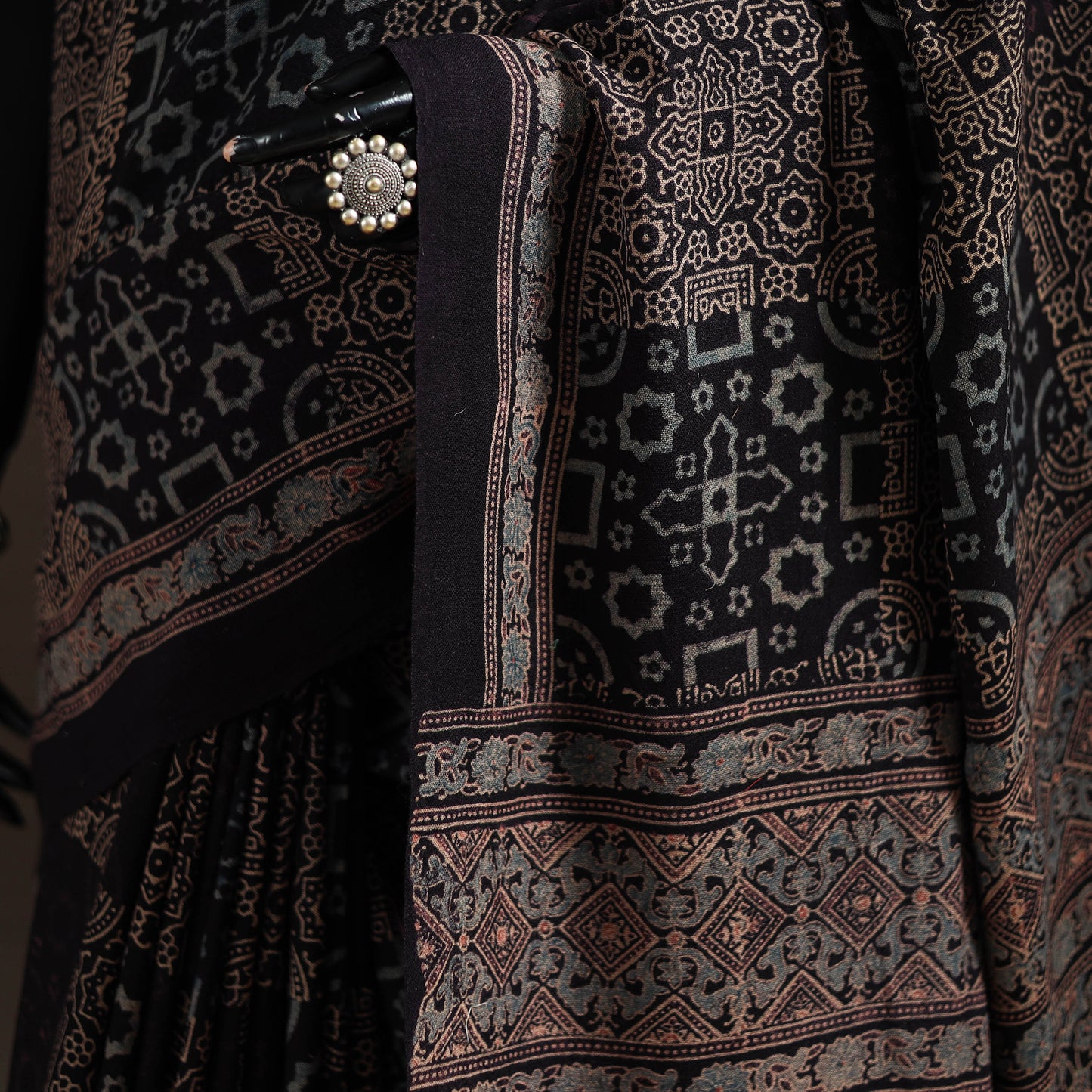 Handwoven Merino Wool Natural Dyed Hand Block Print Ajrakh Saree 06