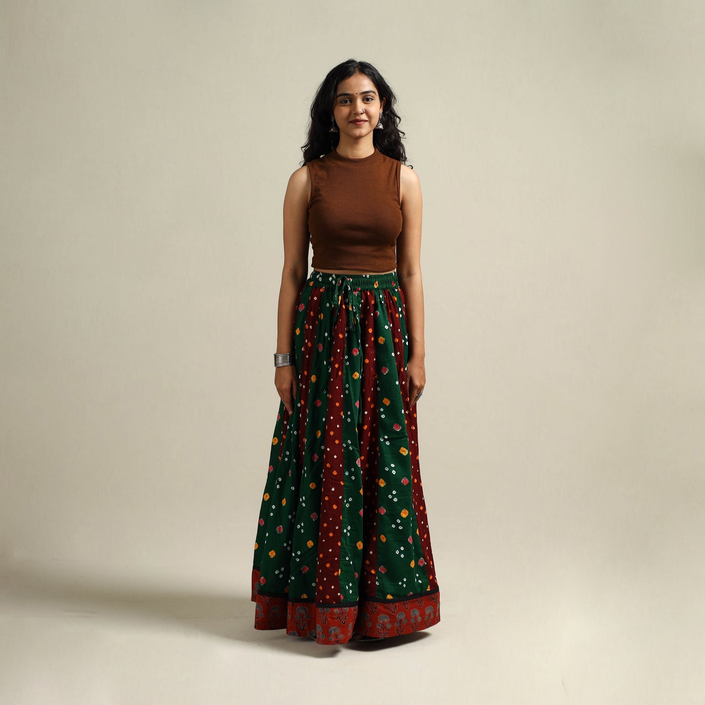 Multicolor - Bandhani Tie-Dye 24 Kali Patchwork Cotton Long Skirt 16