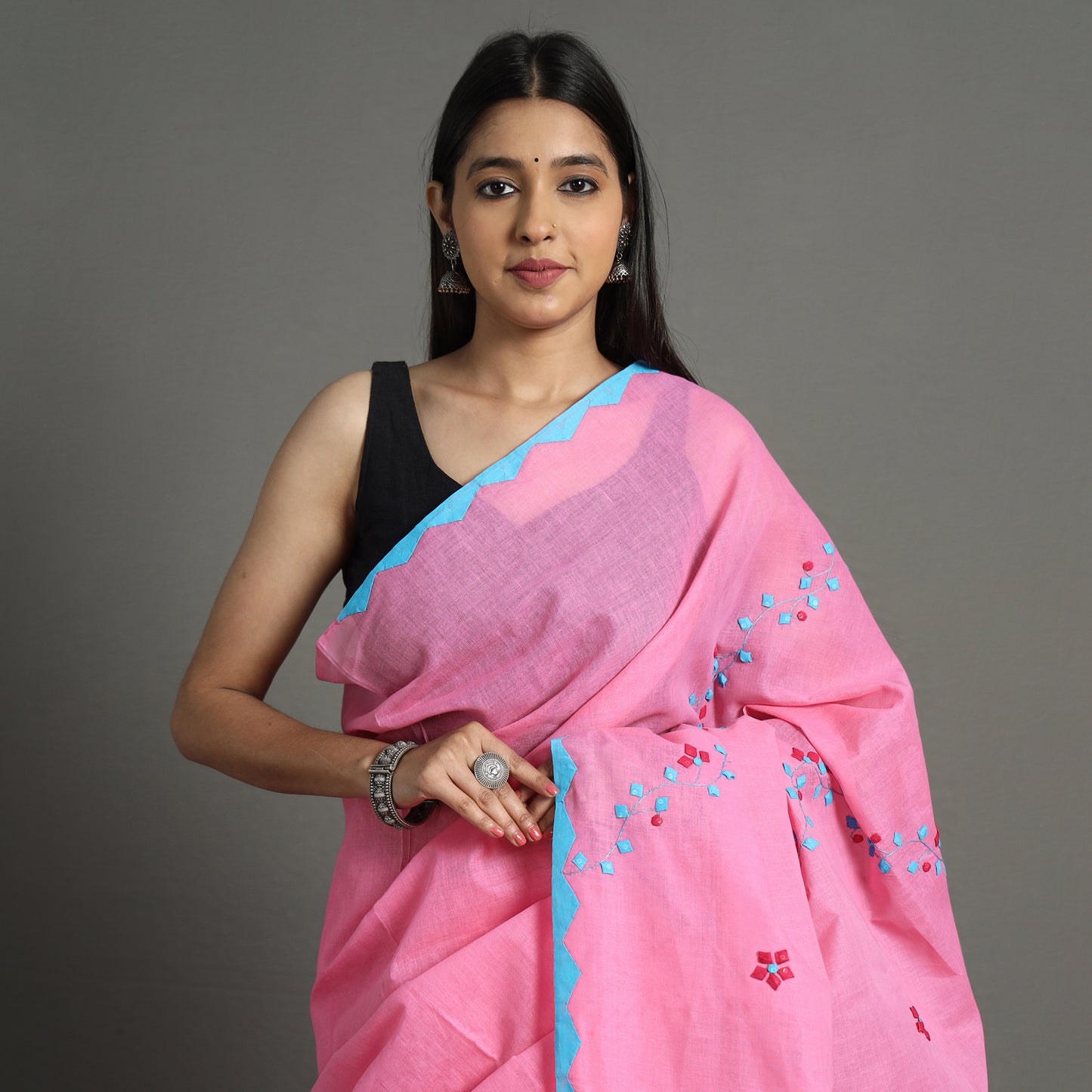 Pink - Applique Patti Kaam Pure Cotton Saree from Rampur 04