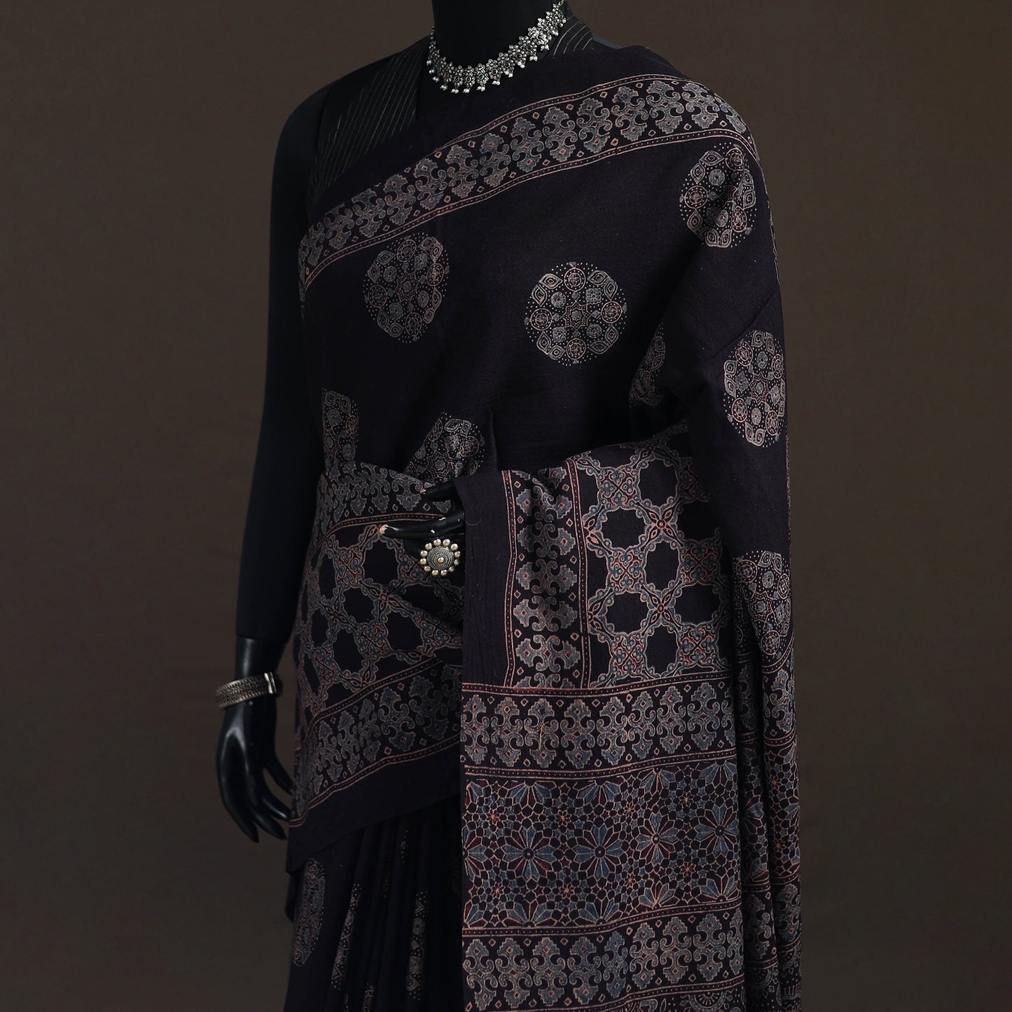 Handwoven Merino Wool Natural Dyed Hand Block Print Ajrakh Saree 08