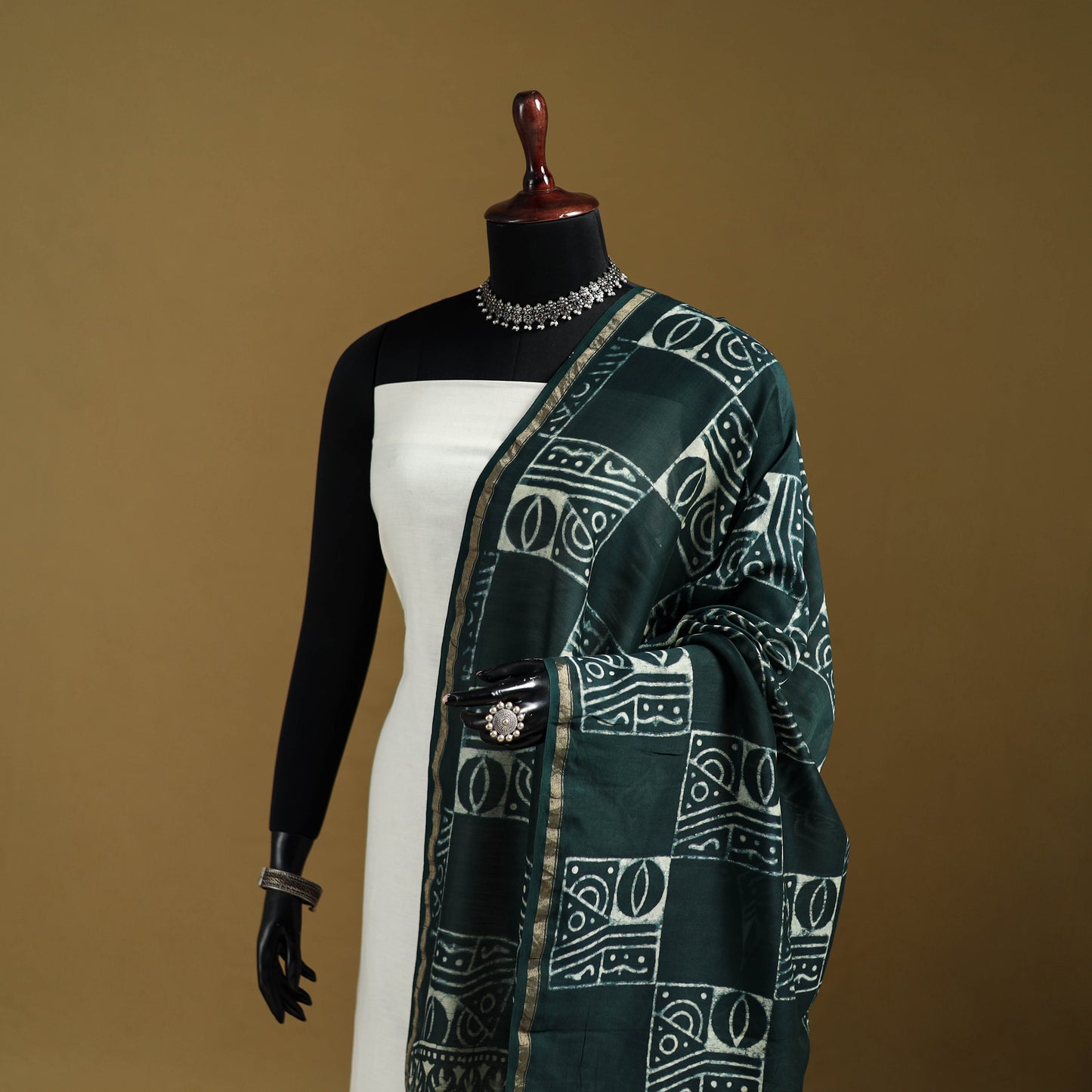 Green - Pipad Hand Block Print Natural Dyed Chanderi Silk Handloom Dupatta 14