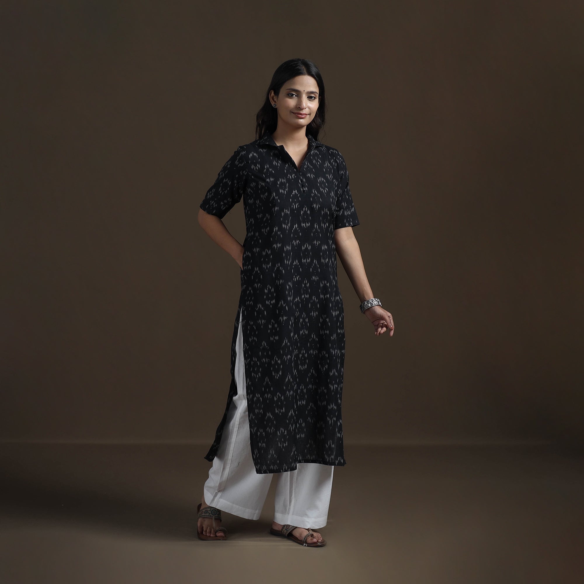 Black - Pochampally Ikat Cotton Straight Long Kurta for Women 07