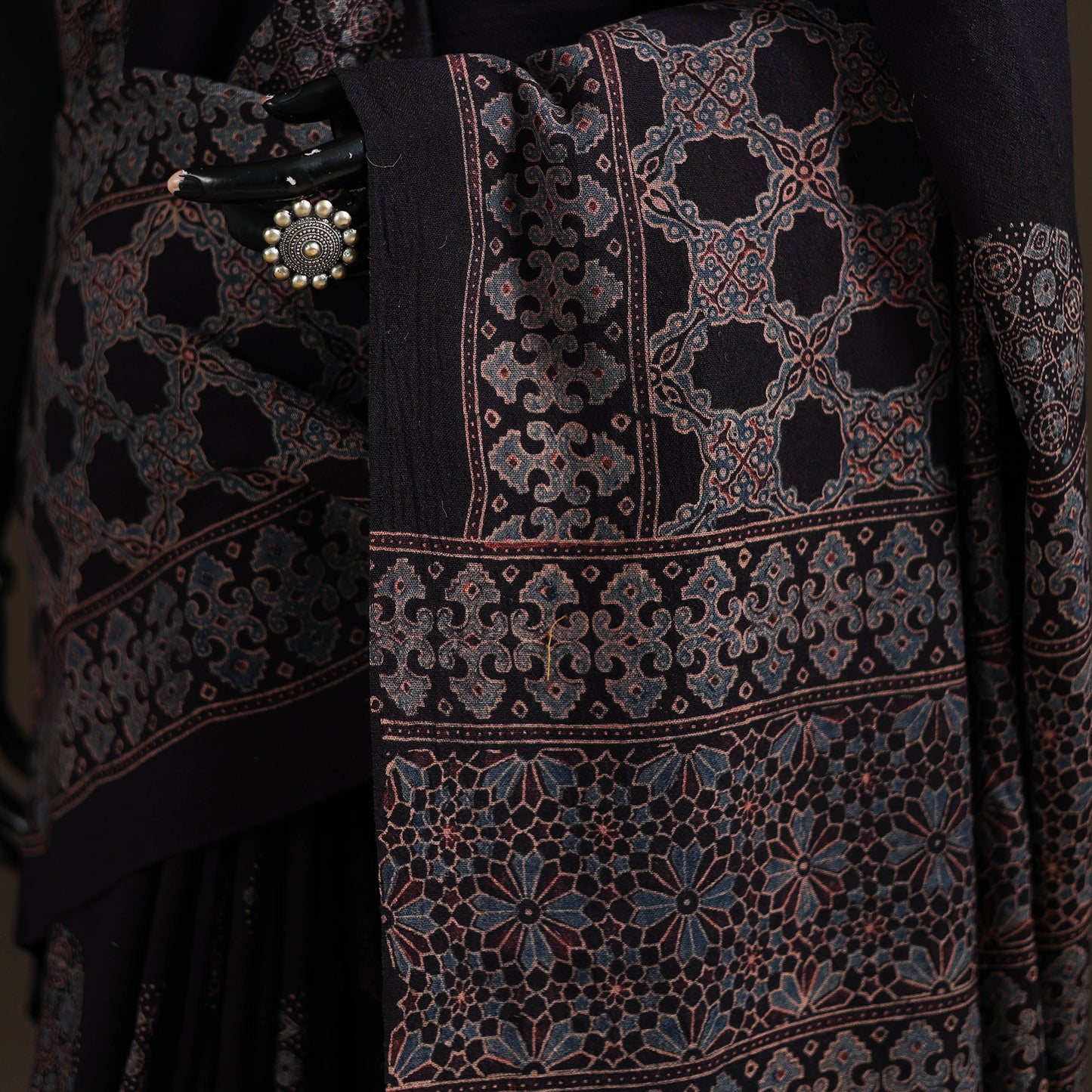 Handwoven Merino Wool Natural Dyed Hand Block Print Ajrakh Saree 08