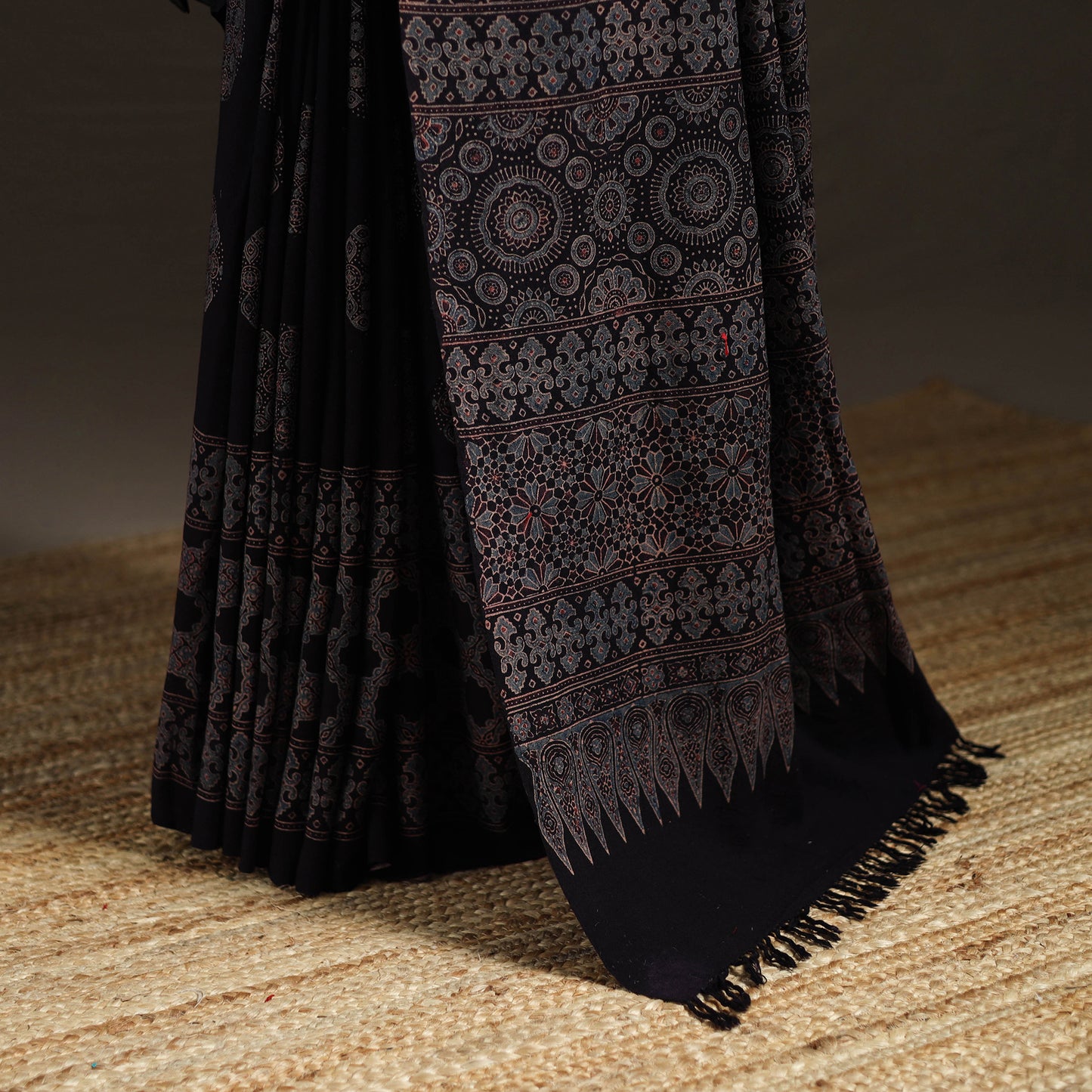 Handwoven Merino Wool Natural Dyed Hand Block Print Ajrakh Saree 08