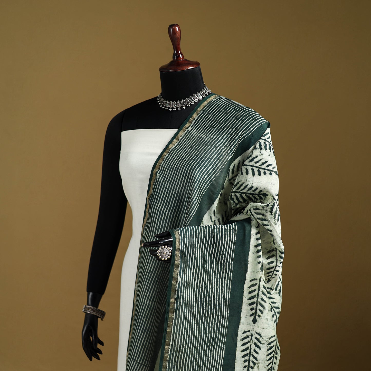 Green - Pipad Hand Block Print Natural Dyed Chanderi Silk Handloom Dupatta 15