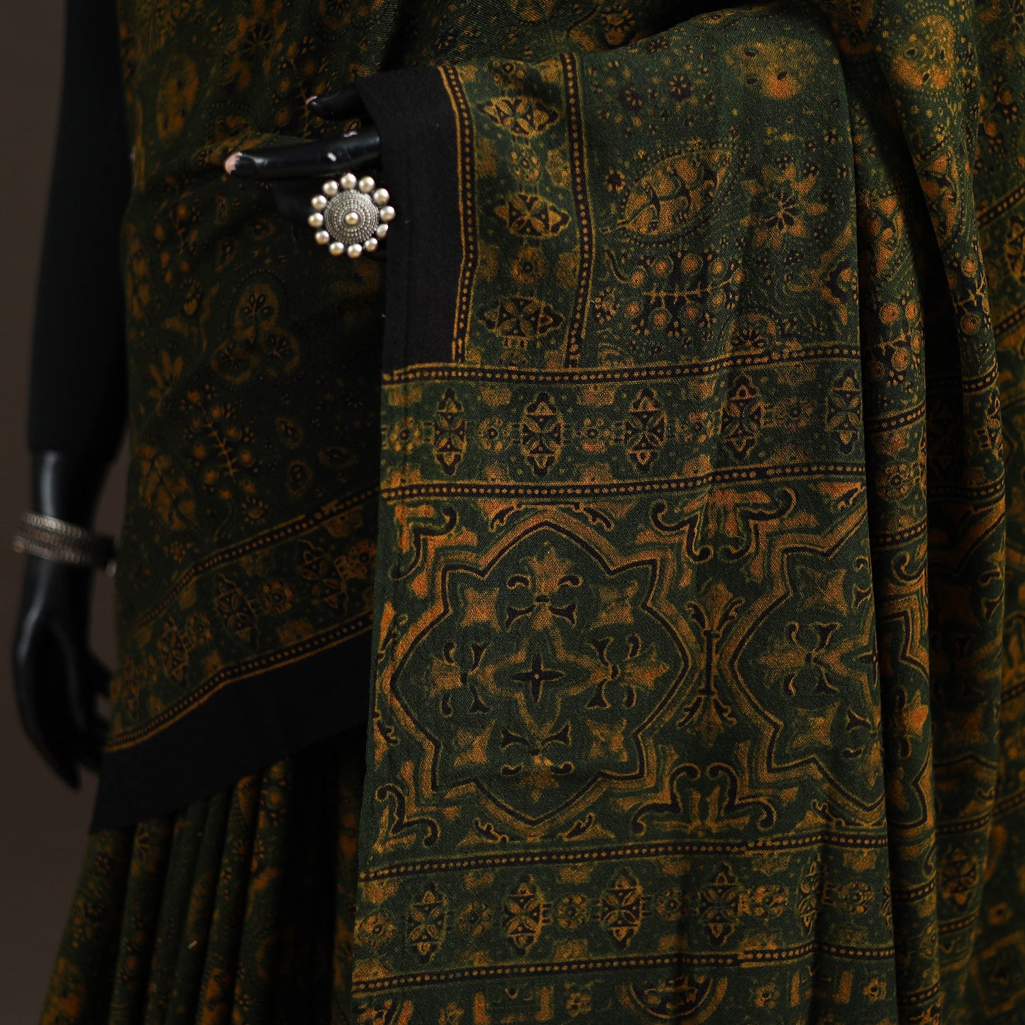 Handwoven Merino Wool Natural Dyed Hand Block Print Ajrakh Saree 09