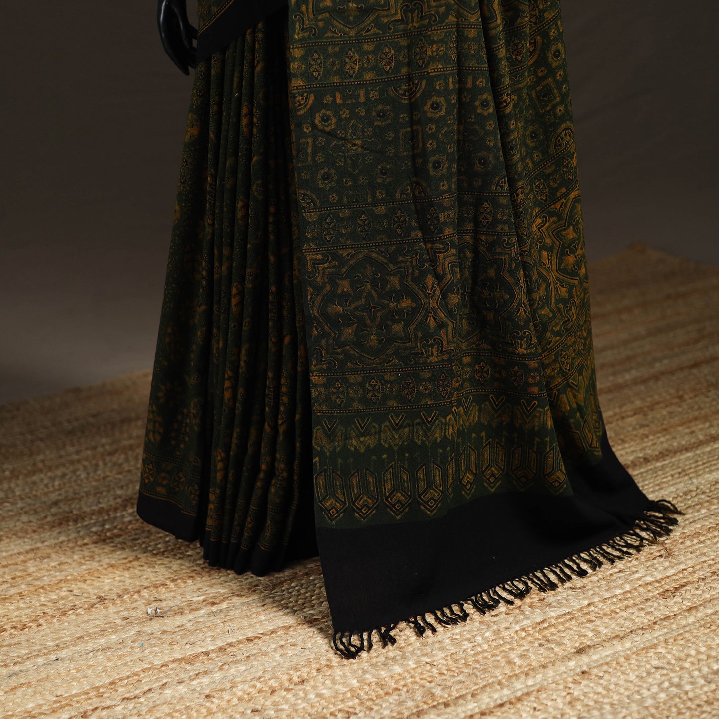 Handwoven Merino Wool Natural Dyed Hand Block Print Ajrakh Saree 09