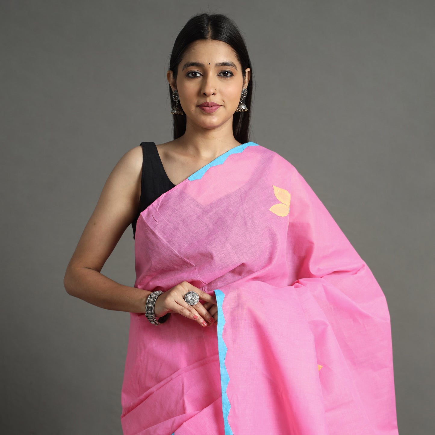 Pink - Applique Patti Kaam Pure Cotton Saree from Rampur 26