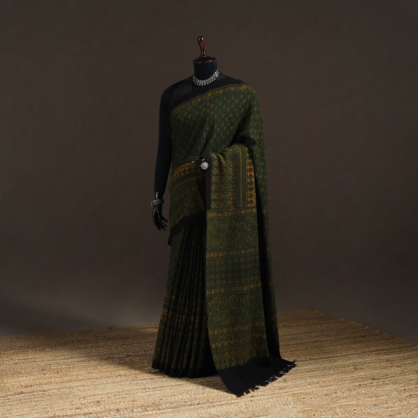 Handwoven Merino Wool Natural Dyed Hand Block Print Ajrakh Saree 10