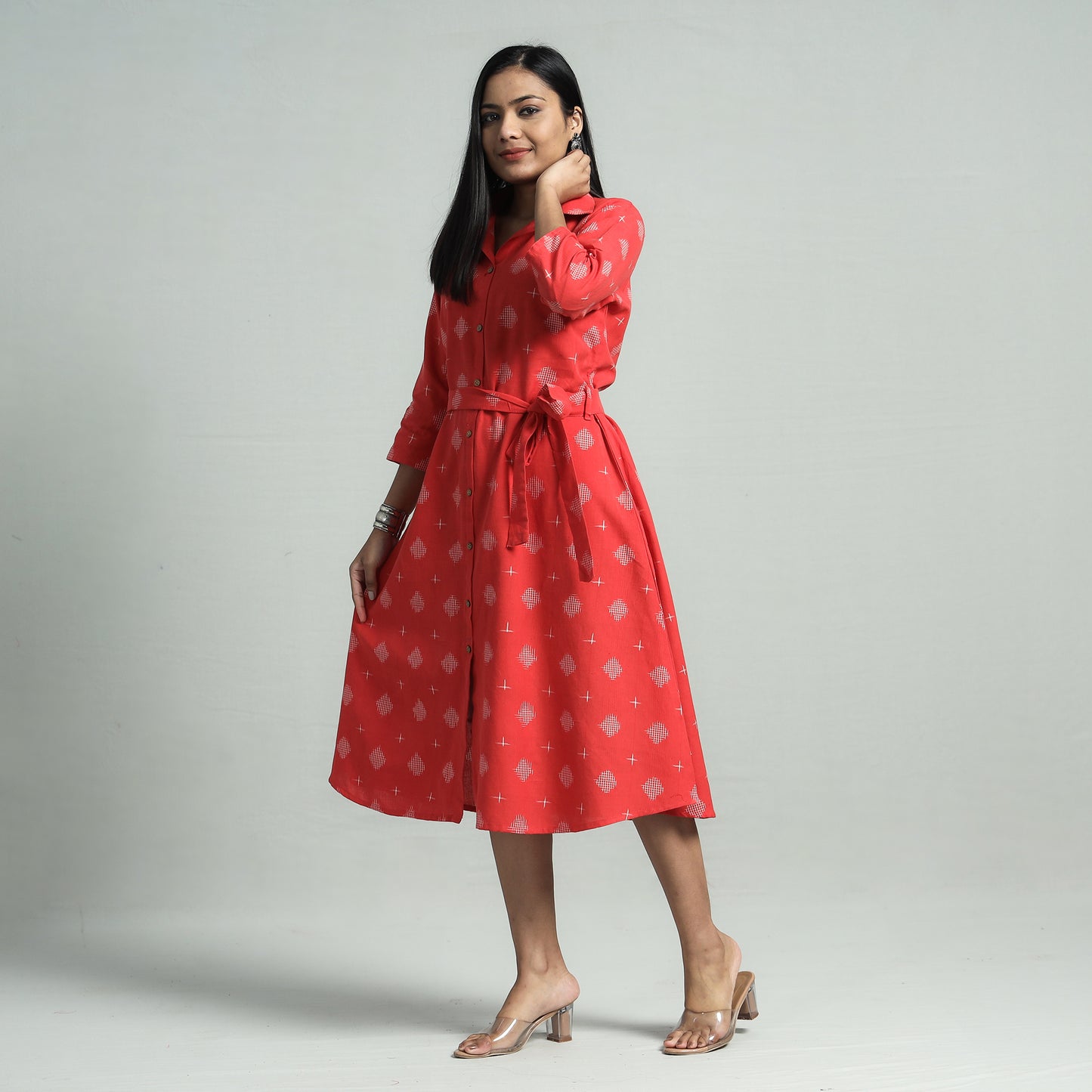 Buy Pochampally Double Ikat Cotton Flared Dress with Belt Online l iTokri.com