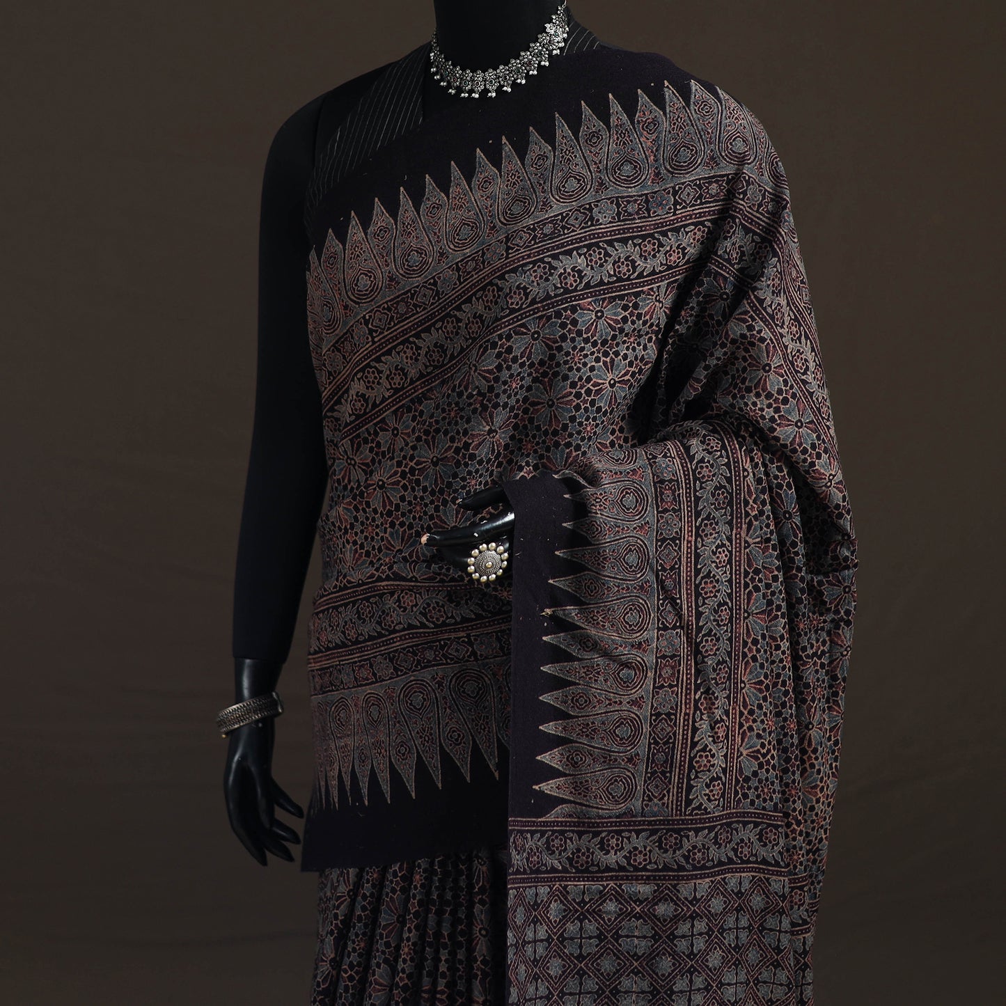 Black - Handwoven Merino Wool Natural Dyed Hand Block Print Ajrakh Saree 11