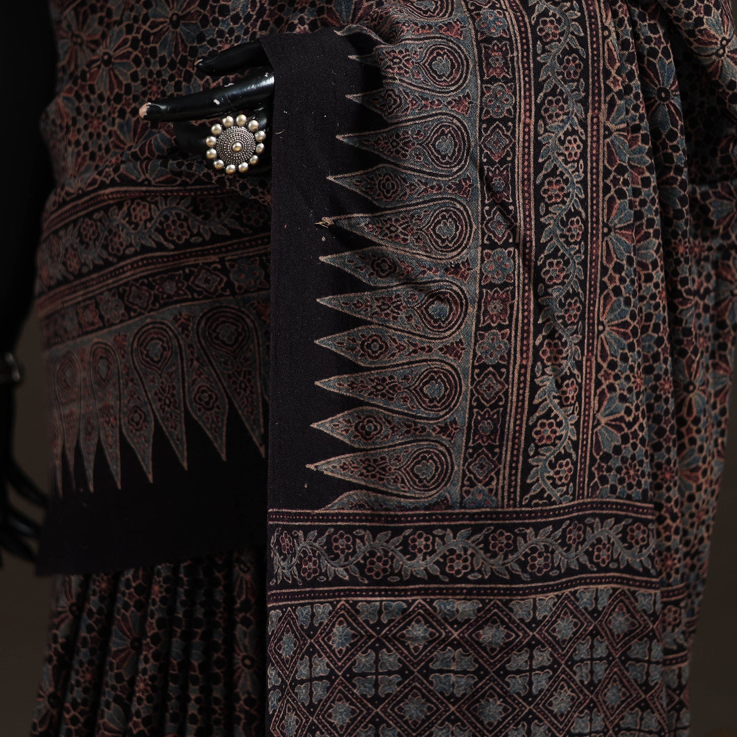 Black - Handwoven Merino Wool Natural Dyed Hand Block Print Ajrakh Saree 11