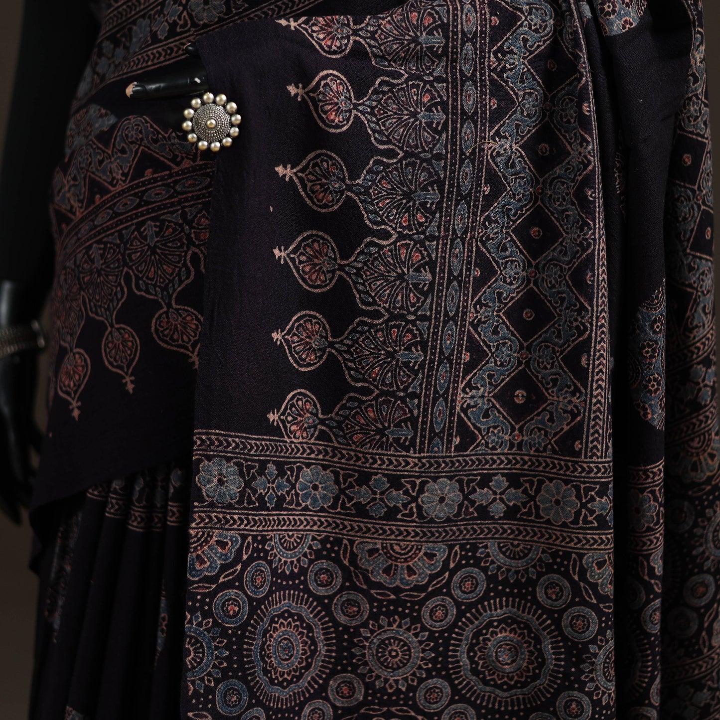 Black - Handwoven Merino Wool Natural Dyed Hand Block Print Ajrakh Saree 12