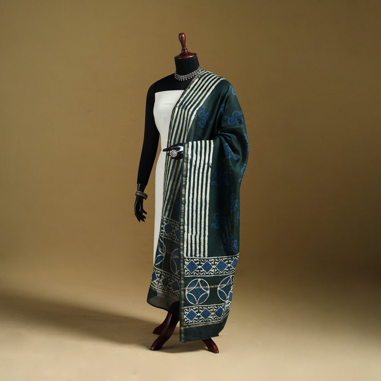 Green - Pipad Hand Block Print Natural Dyed Chanderi Silk Handloom Dupatta 19