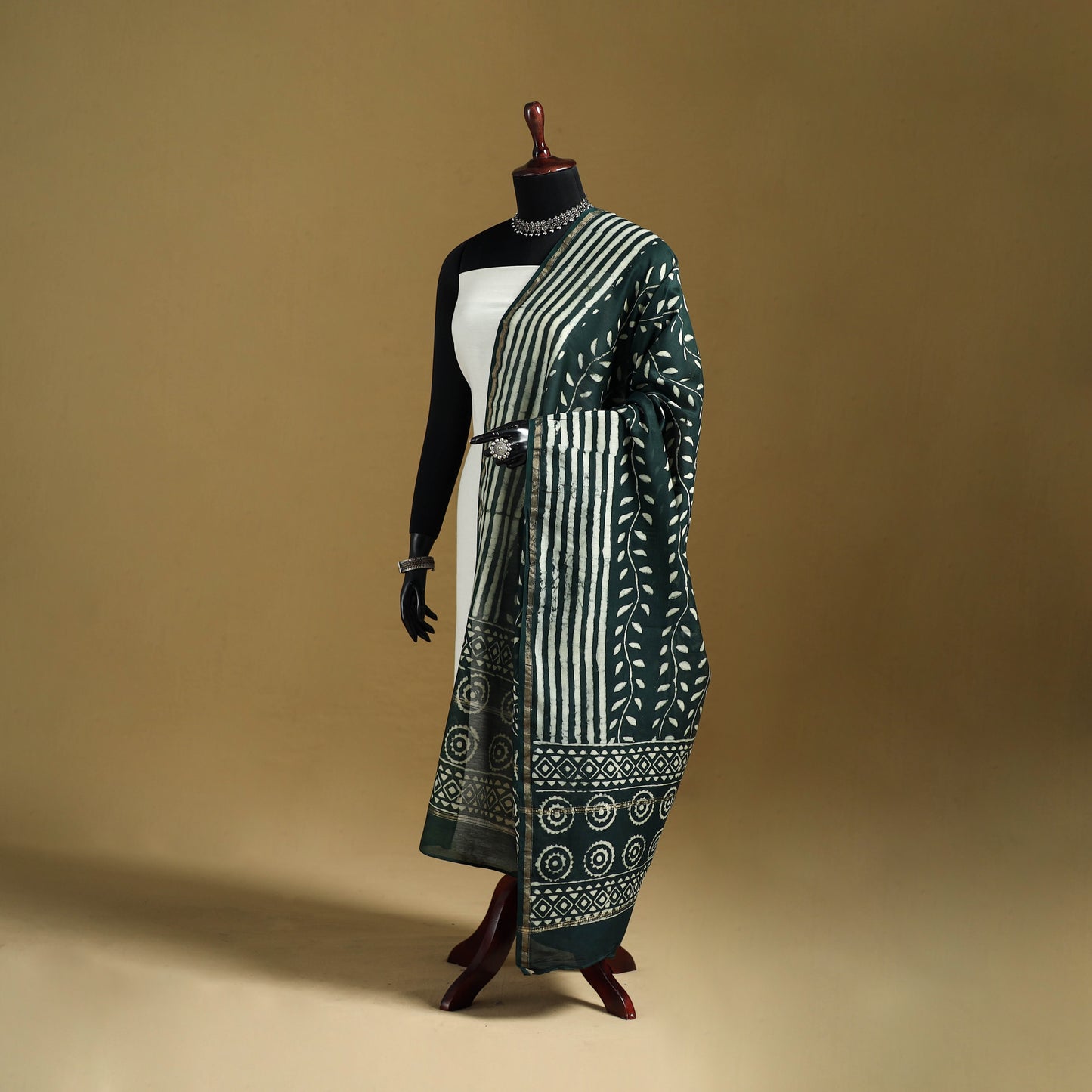 Green - Pipad Hand Block Print Natural Dyed Chanderi Silk Handloom Dupatta 20