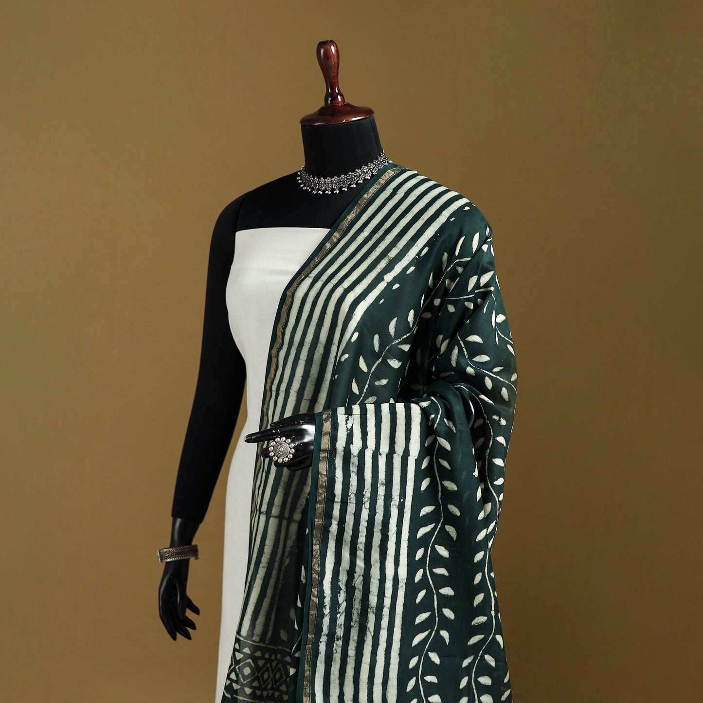 Green - Pipad Hand Block Print Natural Dyed Chanderi Silk Handloom Dupatta 20