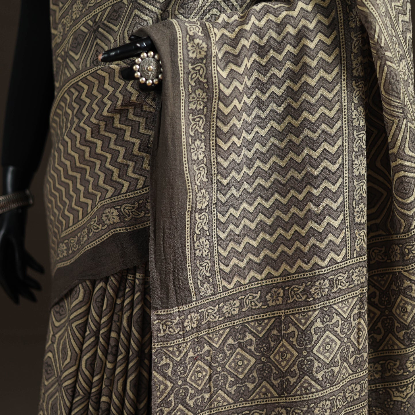 Beige - Handwoven Merino Wool Natural Dyed Hand Block Print Ajrakh Saree 13