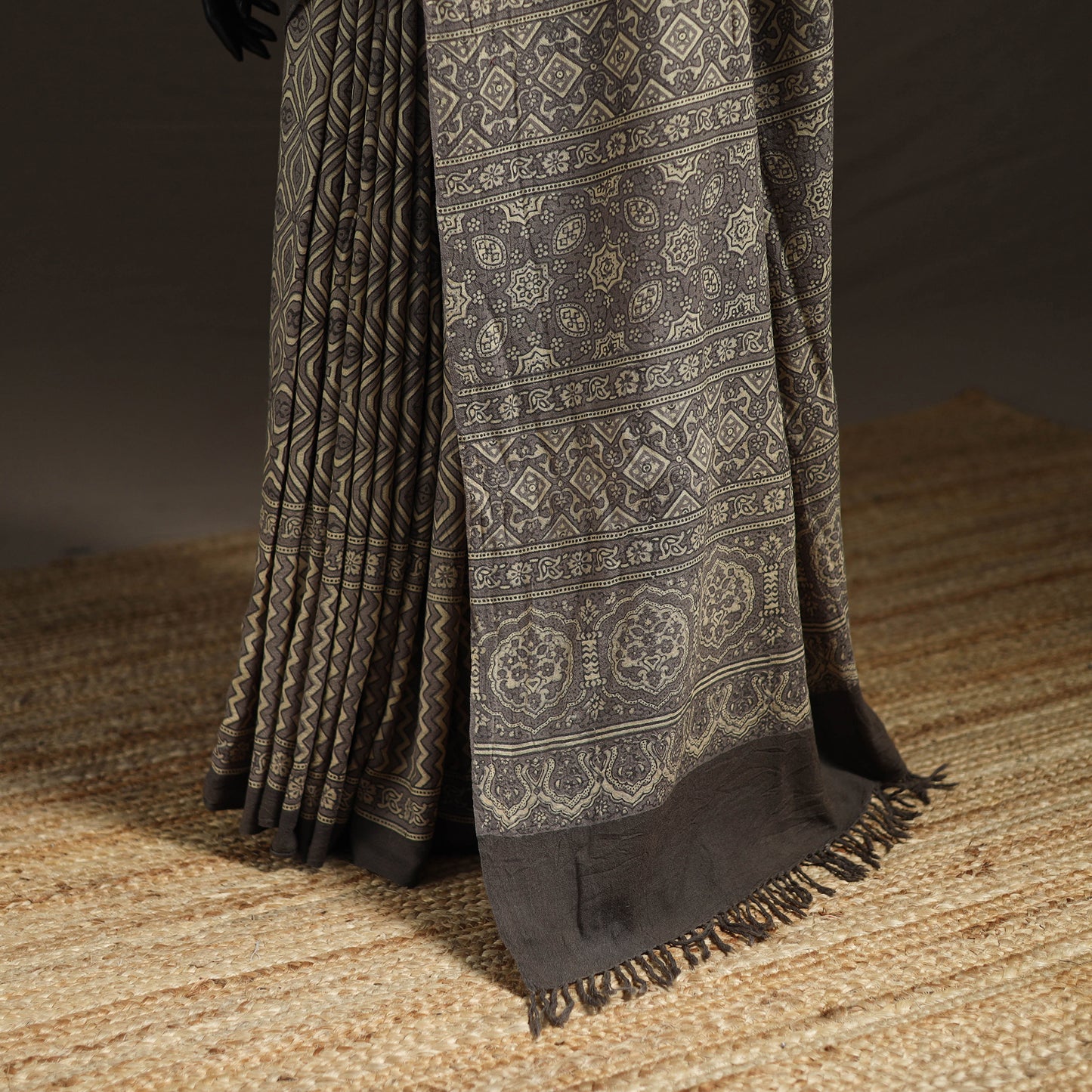 Beige - Handwoven Merino Wool Natural Dyed Hand Block Print Ajrakh Saree 13