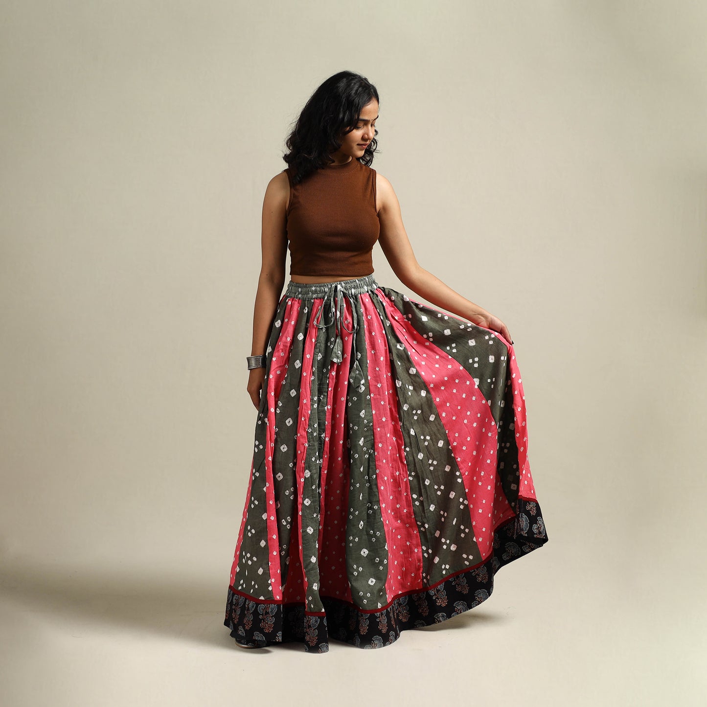 Multicolor - Bandhani Tie-Dye 24 Kali Patchwork Cotton Long Skirt 22