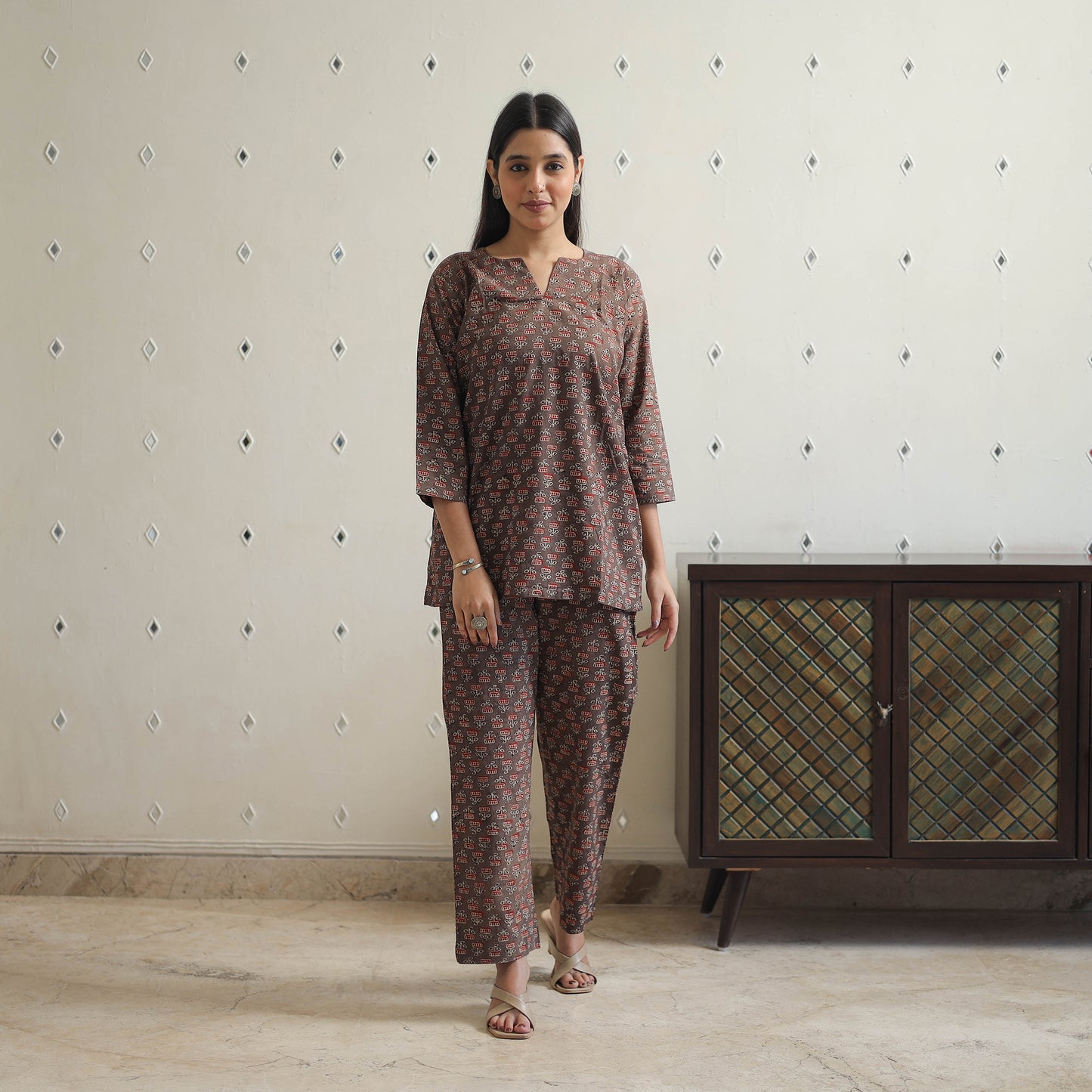 Brown - printed cotton co-ord set 20 - handcrafted